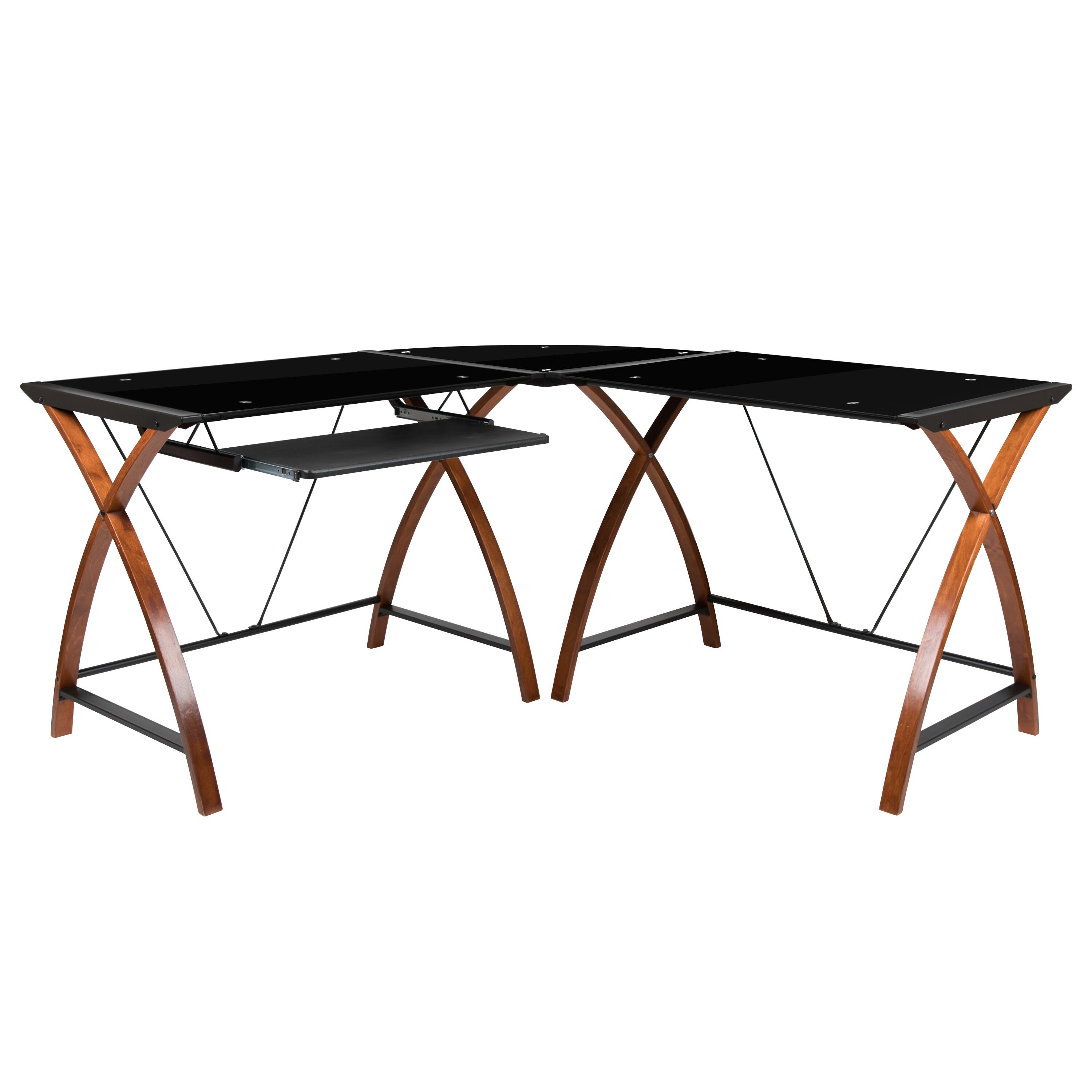 Alt View 9. Emma + Oliver - Glass L-Shape Corner Computer Desk with Pull-Out Keyboard Tray - Black Top/Cherry Frame.