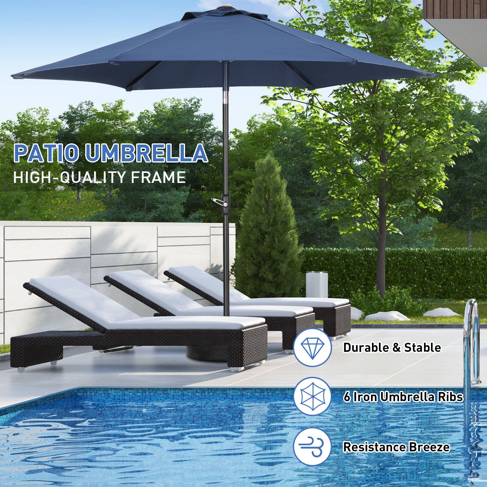 PATIO UMBRELLA  
HIGH-QUALITY FRAME  
Durable & Stable  
6 Iron Umbrella Ribs  
Resistance Breeze