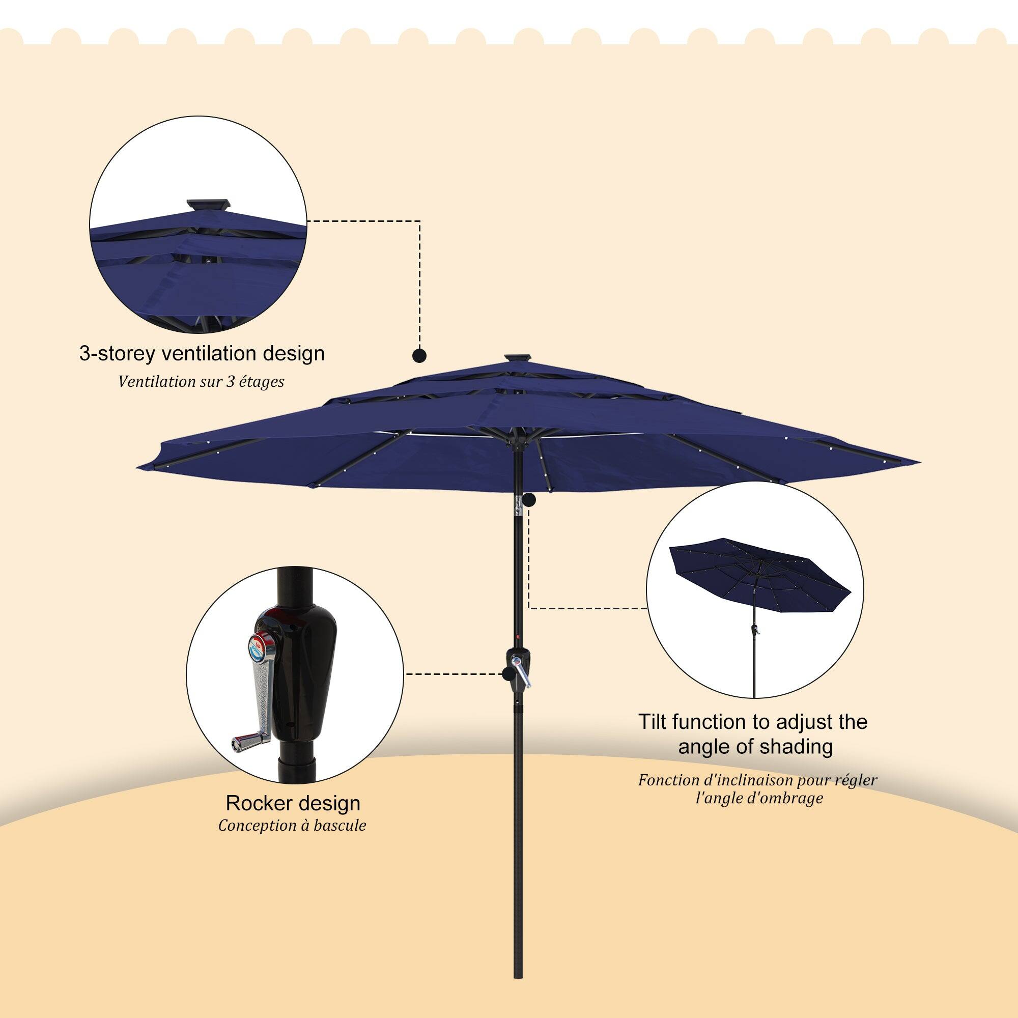 3-storey ventilation design  
Ventilation sur 3 étages  

Rocker design  
Conception à bascule  

Tilt function to adjust the angle of shading  
Fonction d'inclinaison pour régler l'angle d'ombrage