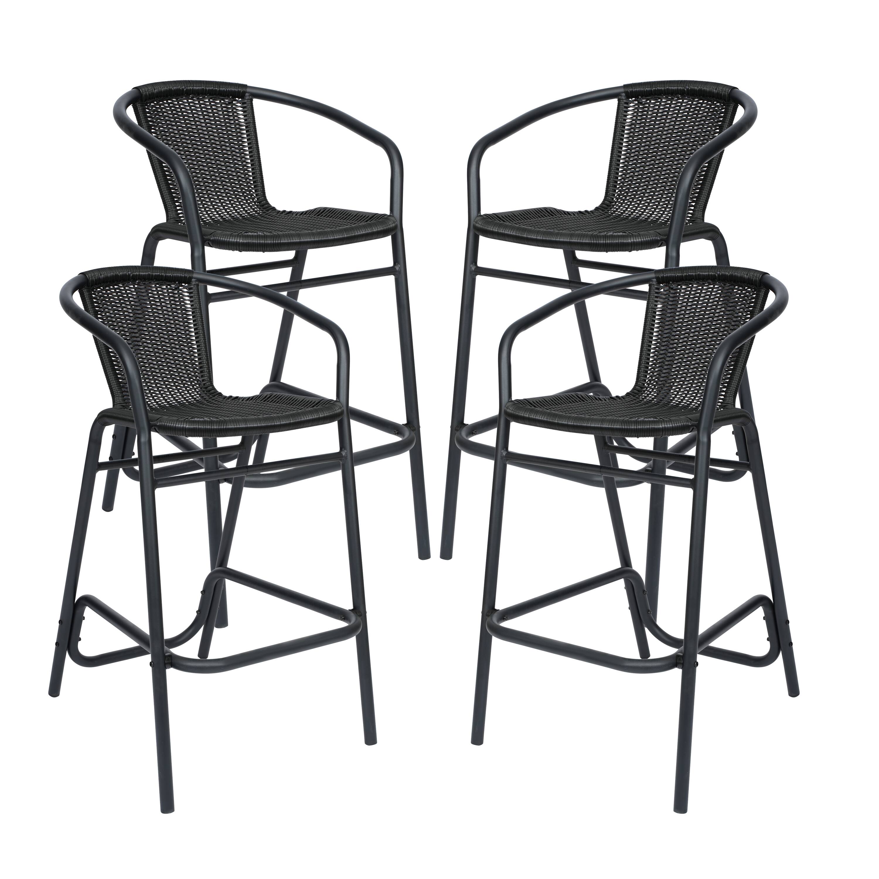 Front. Emma + Oliver - Rhea Set of Four Indoor/Outdoor Restaurant Style Rattan Barstools - Black.