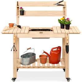 Best Choice Products - Wood Garden Potting Bench Workstation, Sliding Tabletop, 4 Locking Wheels, Dry Sink - Natural
