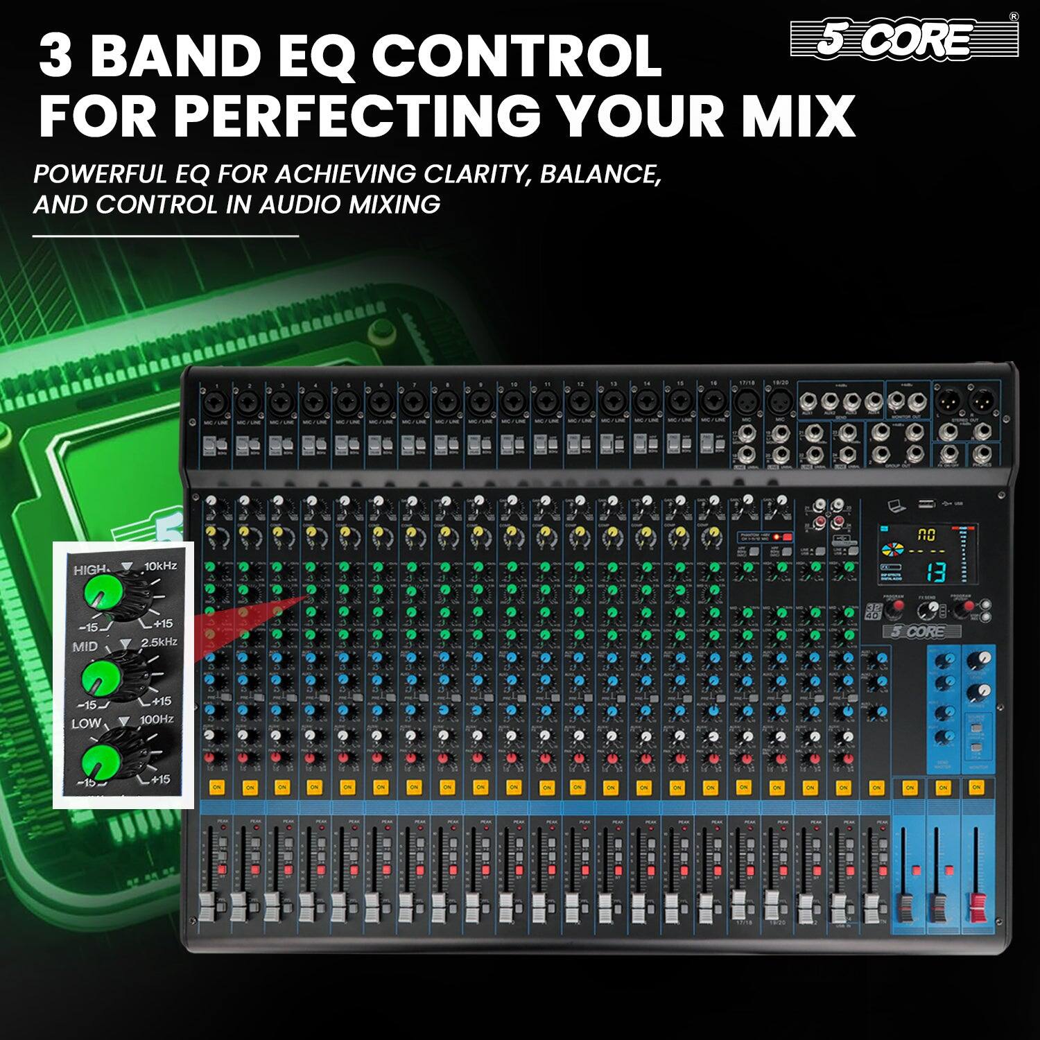 3 BAND EQ CONTROL FOR PERFECTING YOUR MIX

POWERFUL EQ FOR ACHIEVING CLARITY, BALANCE, AND CONTROL IN AUDIO MIXING

HIGH 10kHz -15 +15  
MID 2.5kHz -15 +15  
LOW 100Hz -15 +15  

5 CORE