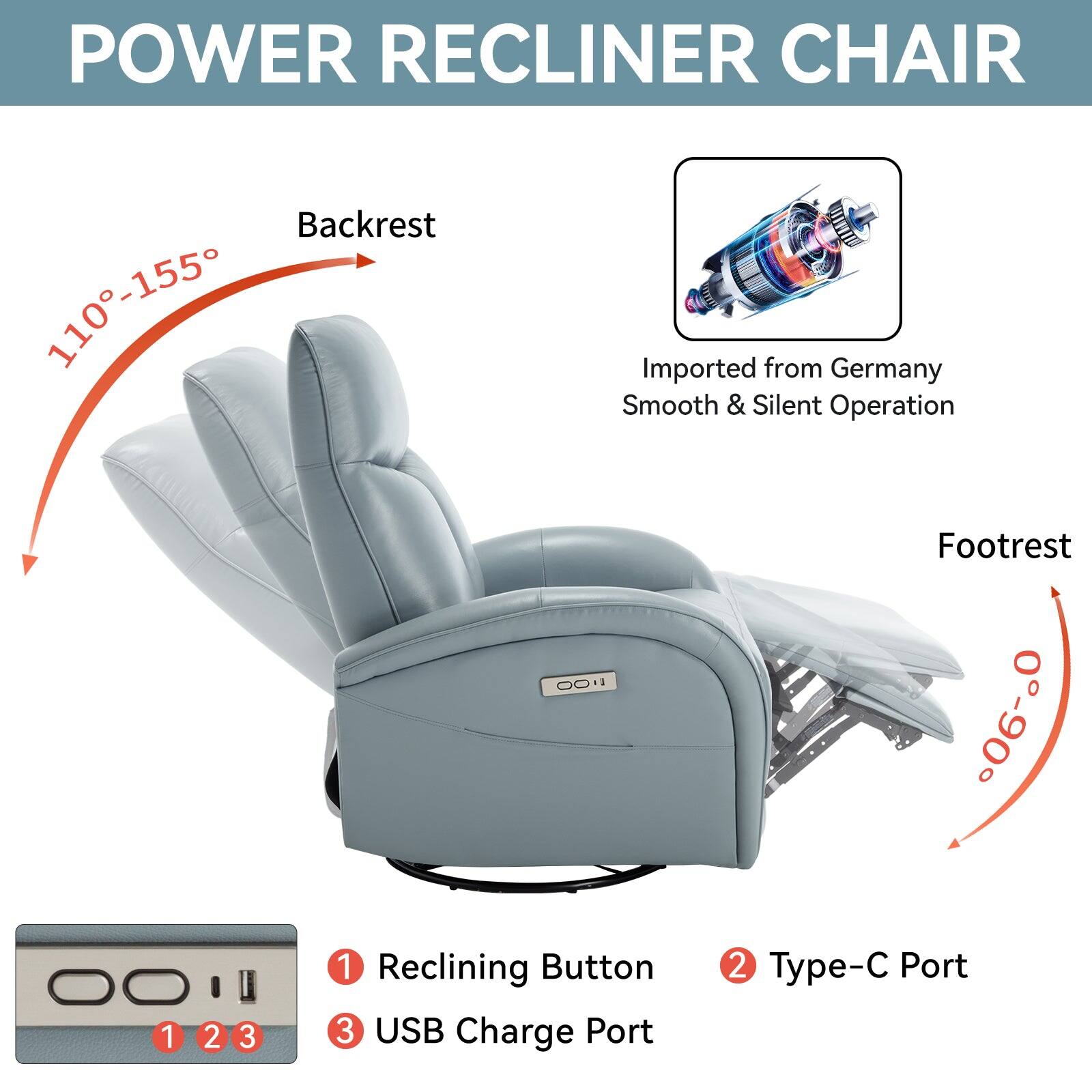 POWER RECLINER CHAIR
Backrest 110-155
Footrest 0-90
Imported from Germany
Smooth & Silent Operation
Reclining Button
Type-C Port
USB Charge Port