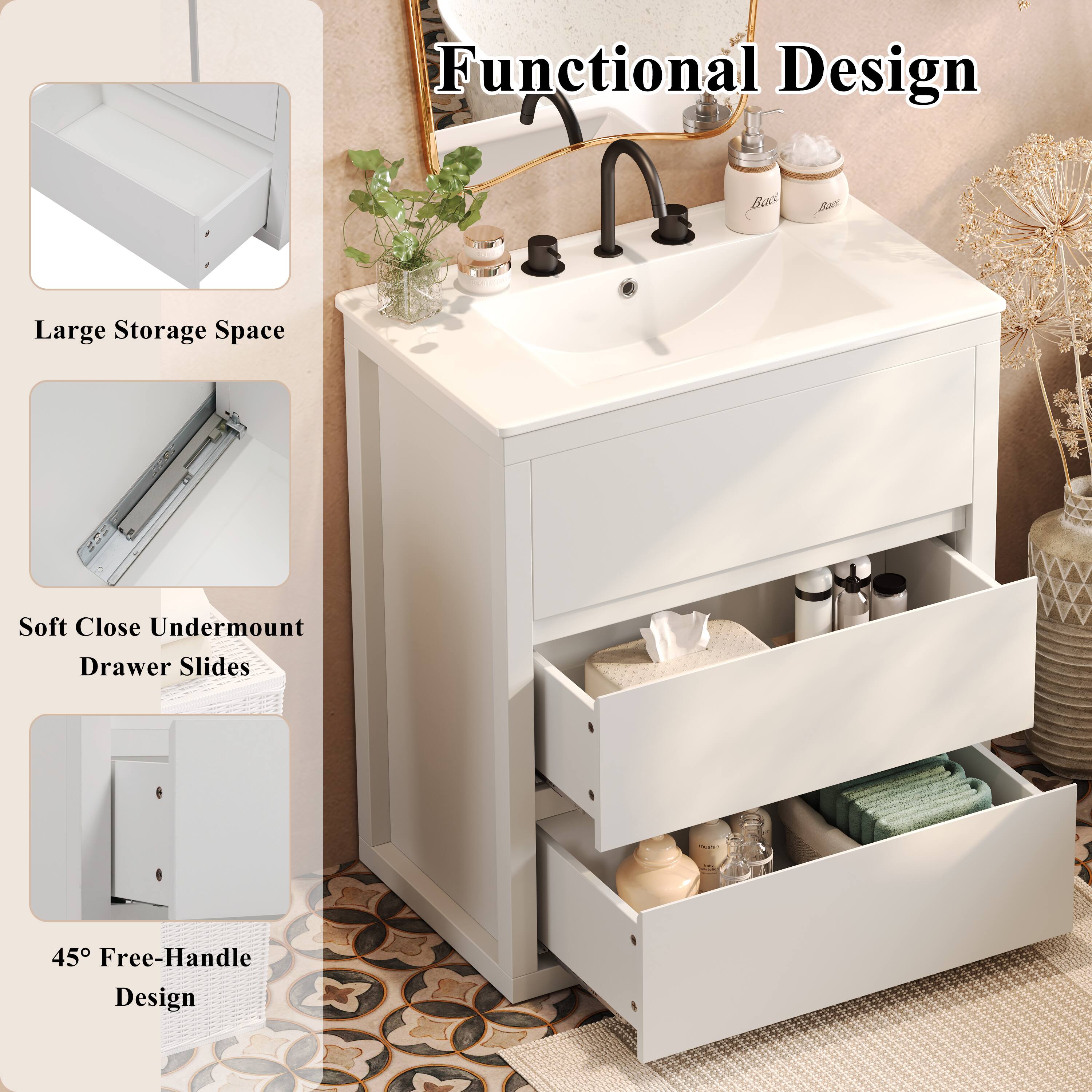 Functional Design

- Large Storage Space
- Soft Close Undermount Drawer Slides
- 45° Free-Handle Design