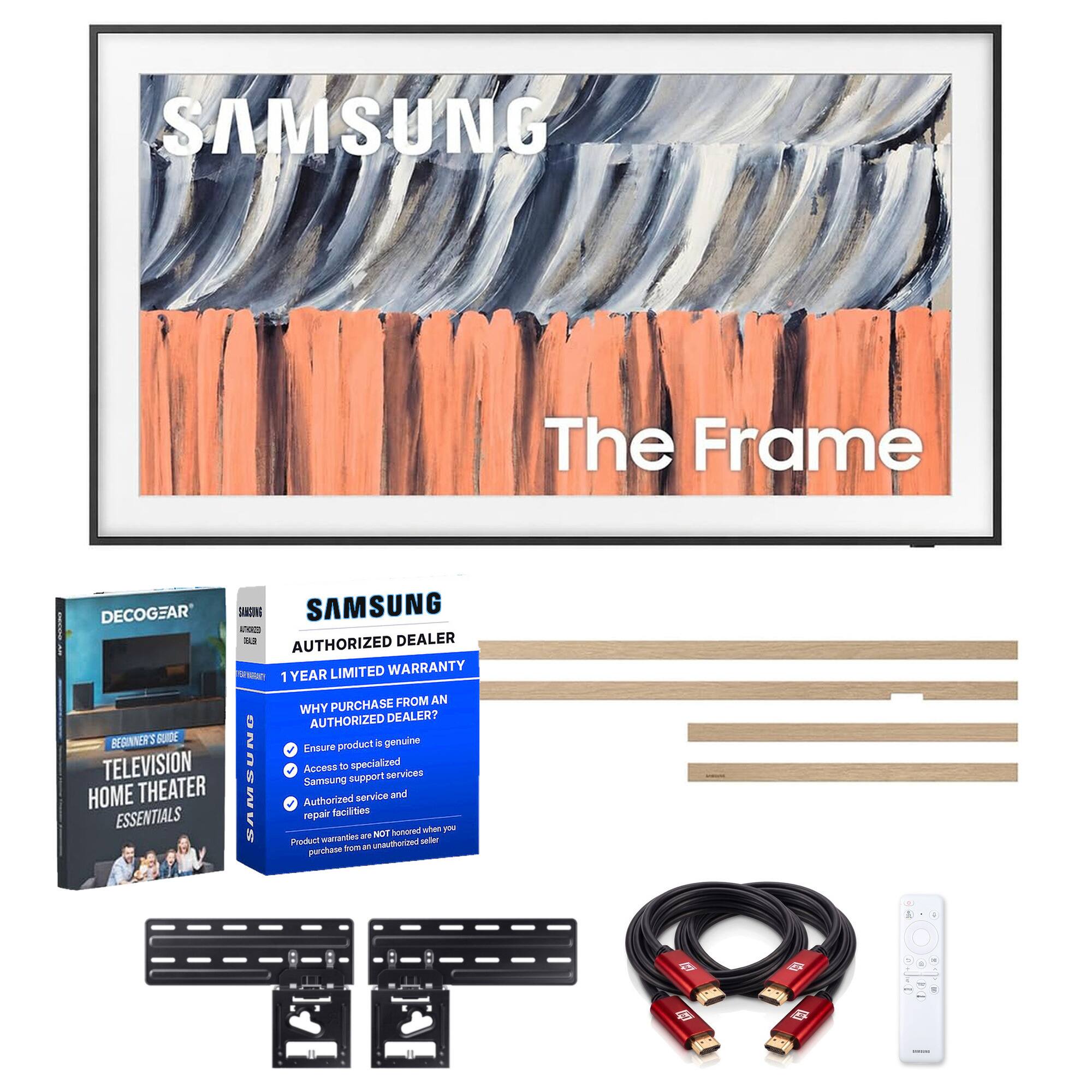 SAMSUNG  
The Frame  

DECOGEAR SANGONG SAMSUNG AUTHORIZED DEALER  
1 YEAR LIMITED WARRANTY  

WHY PURCHASE FROM AN AUTHORIZED DEALER?  
- Ensure product is genuine  
- Access to specialized Samsung support services  
- Authorized service and repair facilities  
- Product warranties are NOT honored when you purchase from an unauthorized seller  

BEGINNER'S GUIDE  
TELEVISION HOME THEATER ESSENTIALS
