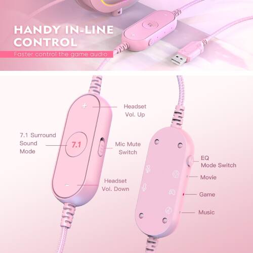 HANDY IN-LINE CONTROL  
Faster control the game audio  

- 7.1 Surround Sound Mode  
- Headset Vol. Up  
- Mic Mute Switch  
- EQ Mode Switch  
- Headset Vol. Down  

- Movie  
- Game  
- Music