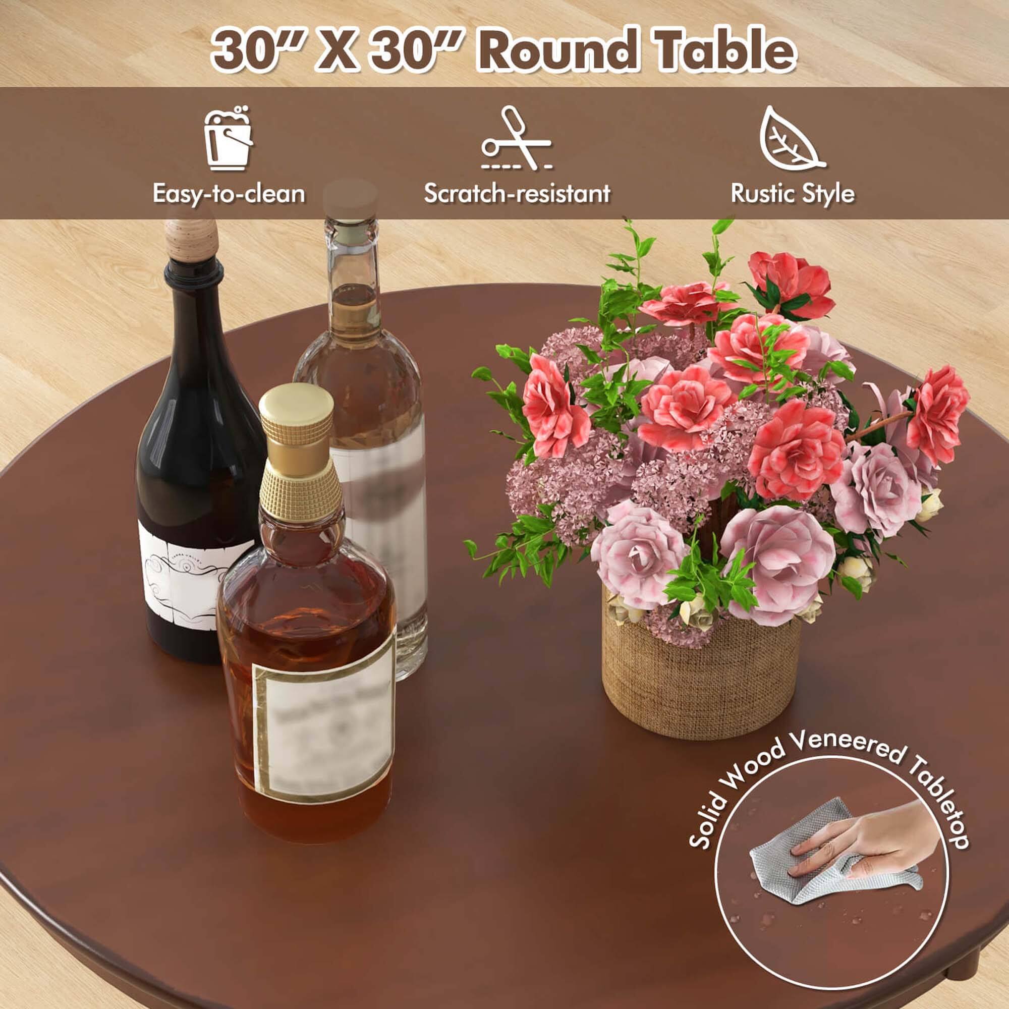 The text on the image reads: "30" X 30" Round Table to Easy-to-clean Scratch-resistant Rustic Style Wood Veneered Solid Tabletop."