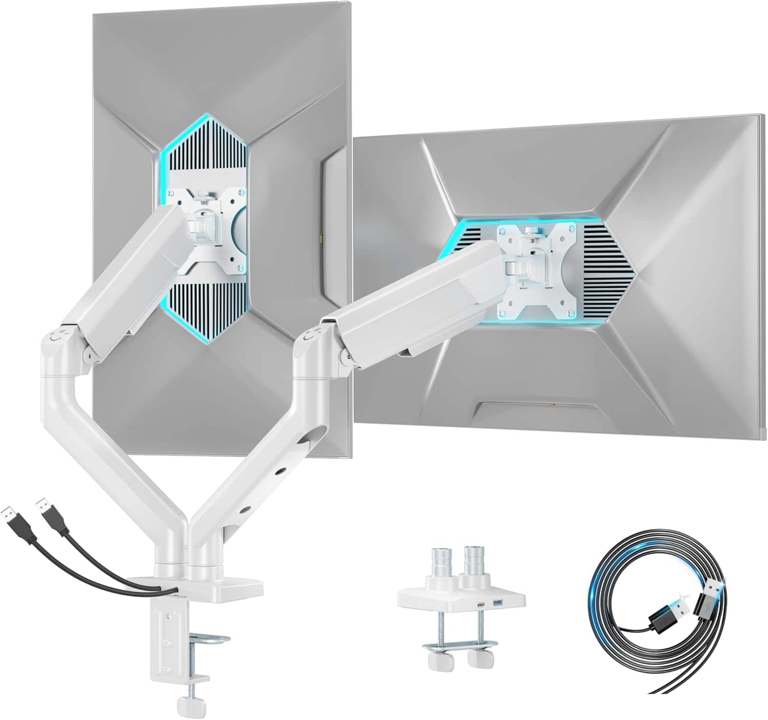 FINEAK - Heavy-Duty Dual Monitor Mount with USB Hub - White