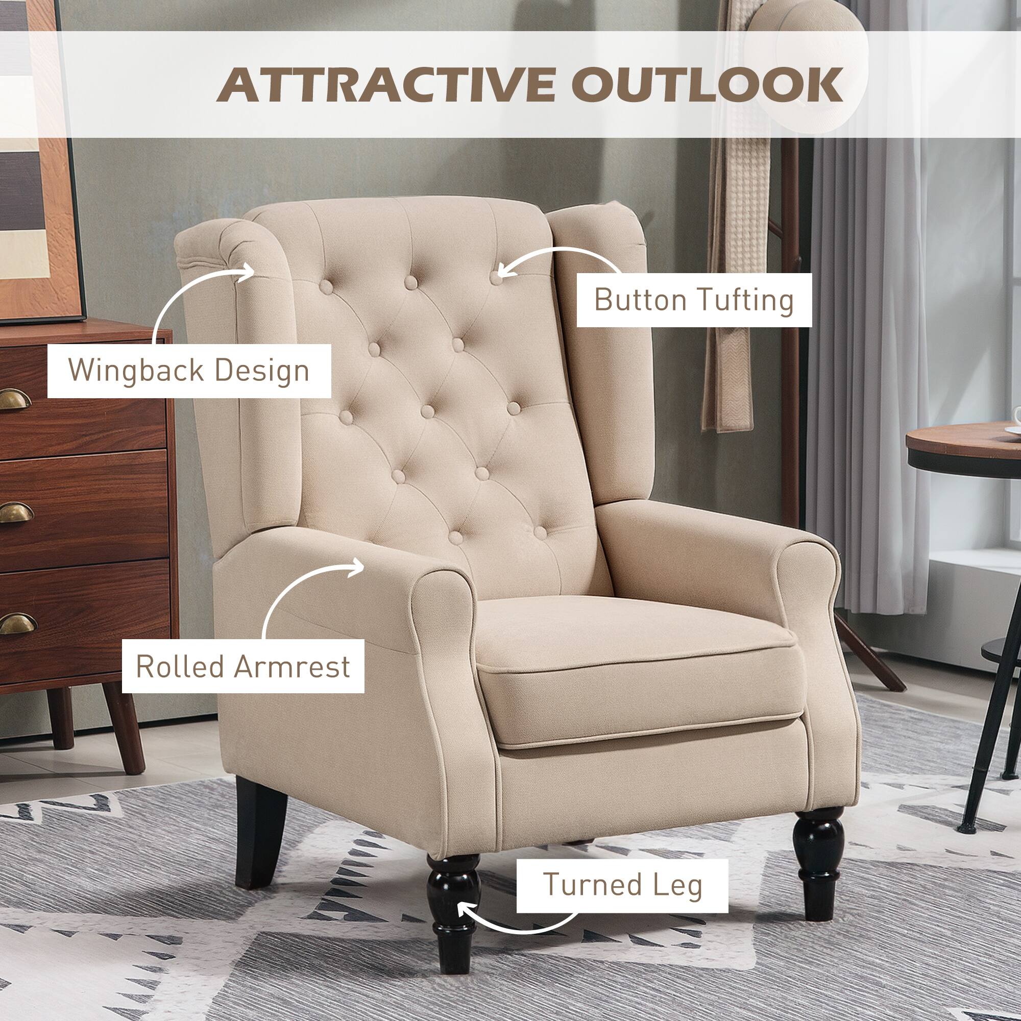 ATTRACTIVE OUTLOOK

- Button Tufting
- Wingback Design
- Rolled Armrest
- Turned Leg