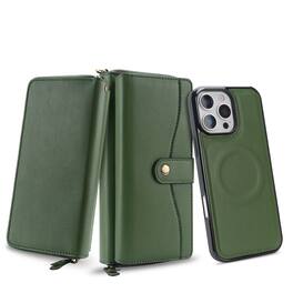 Dteck - RFID Leather Wallet Phone Case for Apple iPhone 16 Pro, Magnetic Detachable Card Holder Cover with Wrist Strap - Green