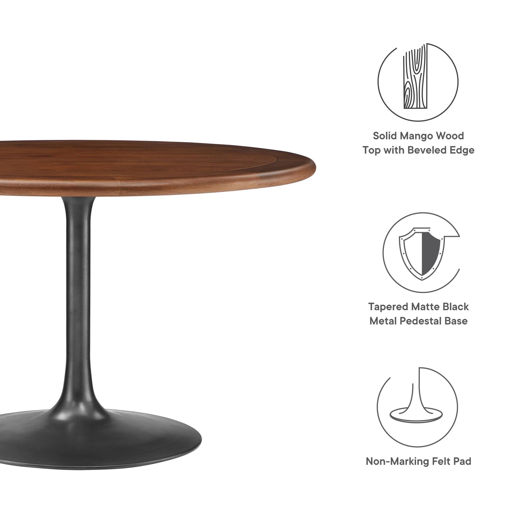 Solid Mango Wood Top with Beveled Edge Tapered Matte Black Metal Pedestal Base Non-Marking Felt Pad