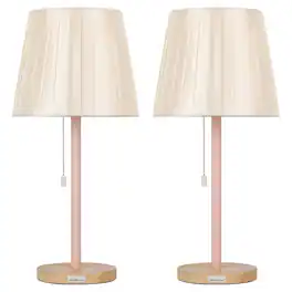 Oumilen - Metal Pole Table Lamp with Natural Wood Base & Pleated Fabric Shade, Pink