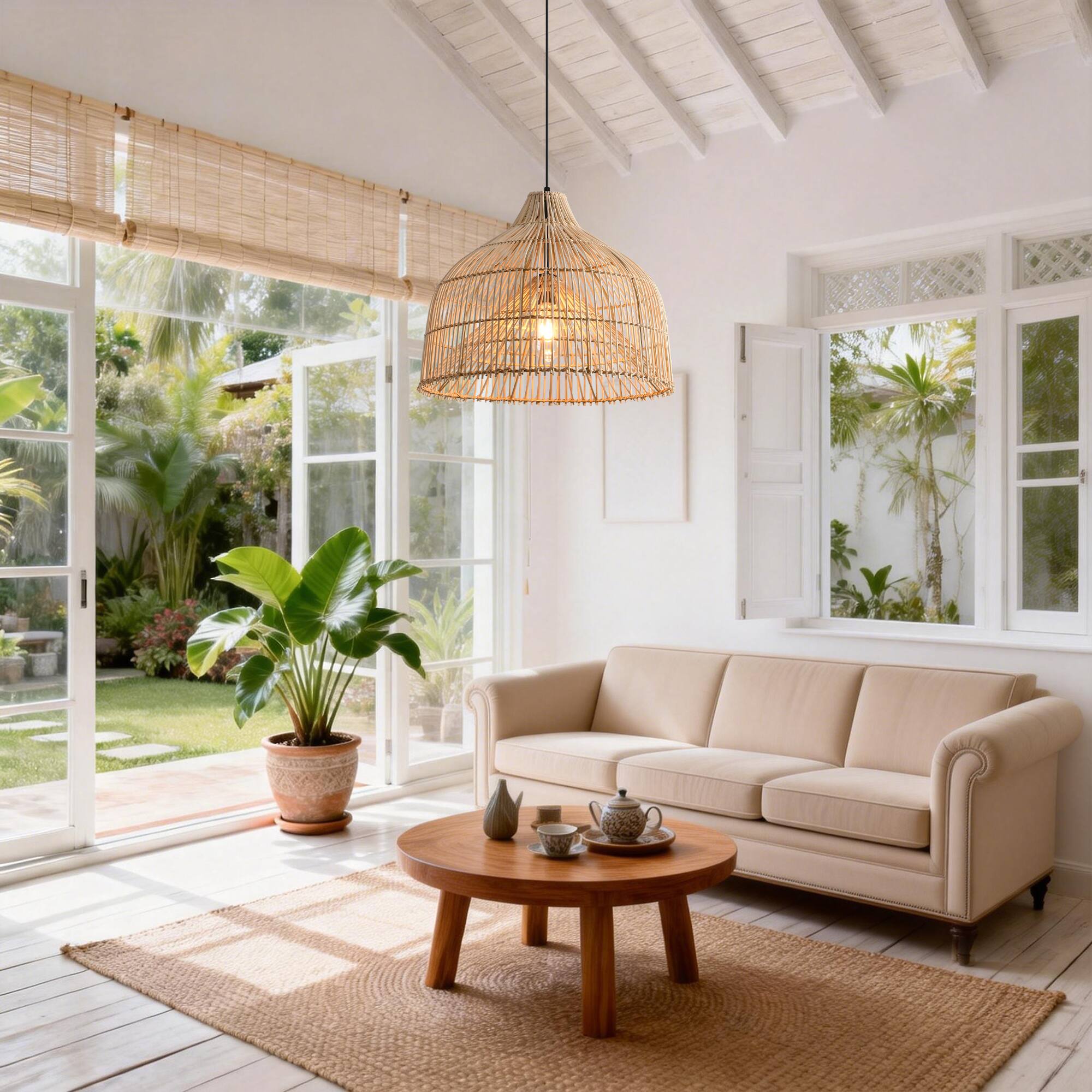 Angle. Parrot Uncle - 1-Light Boho Brown Rattan Hand-Woven Cloche Hanging Basket Pendant Light - Brown.