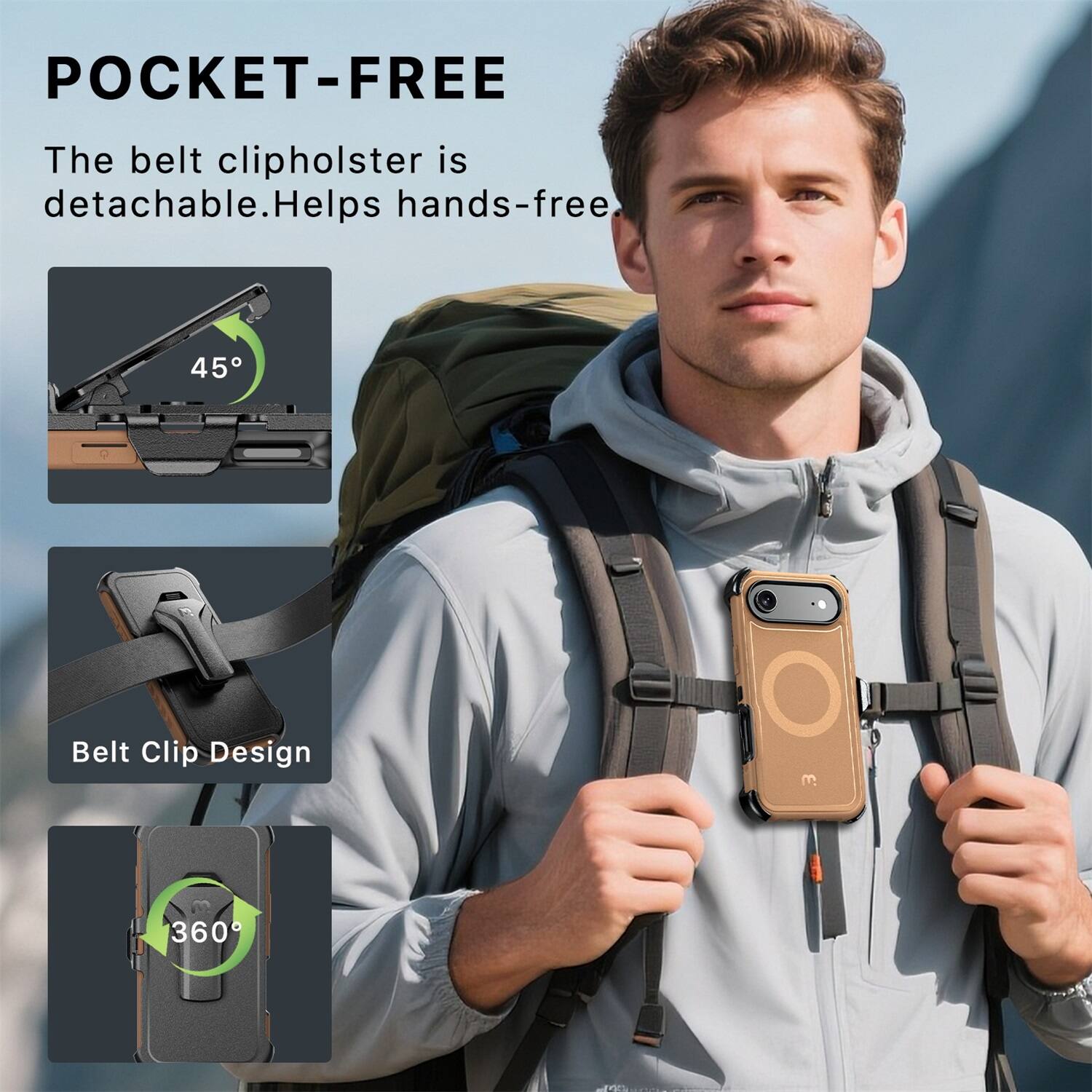 POCKET-FREE

The belt clip holster is detachable. Helps hands-free.

45°

Belt Clip Design

360°