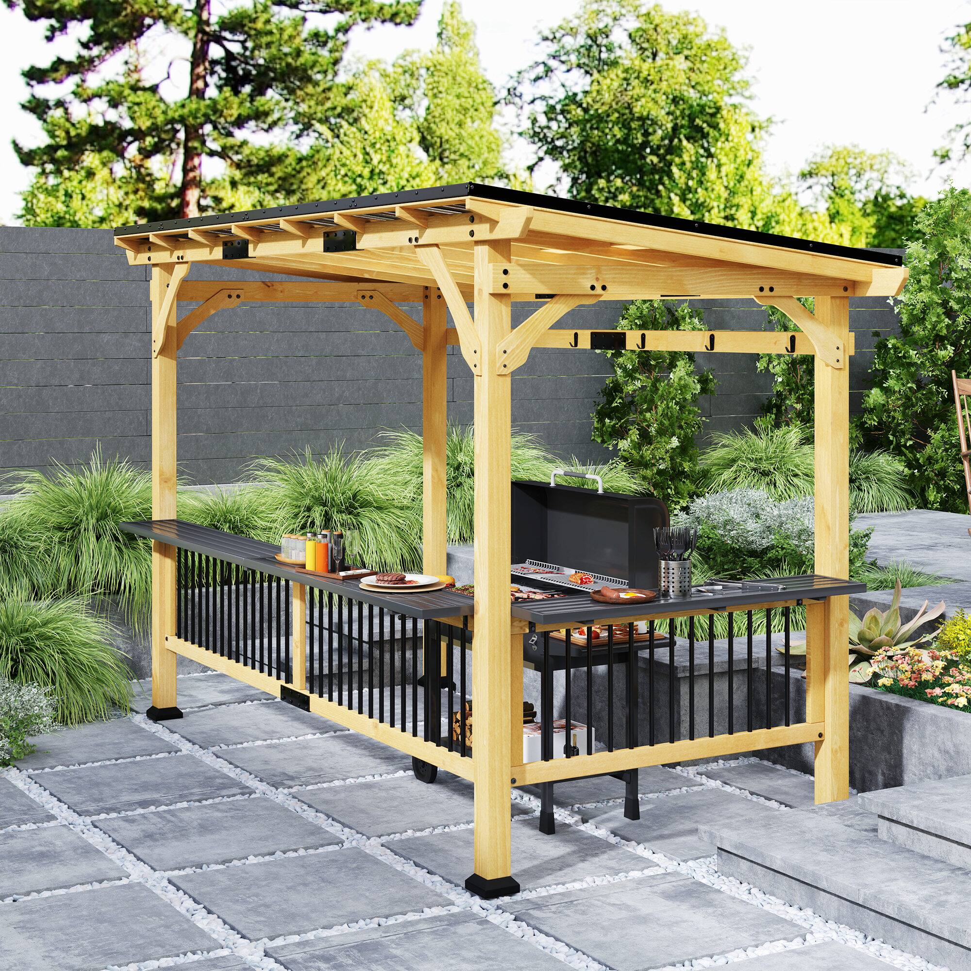 Alt View 1. Outsunny - 13' x 6' Wooden BBQ Grill Gazebo, Hardtop Grill Gazebo with Metal Roof, 2 Bar Shelves and 6 Hooks - Natural Wood.