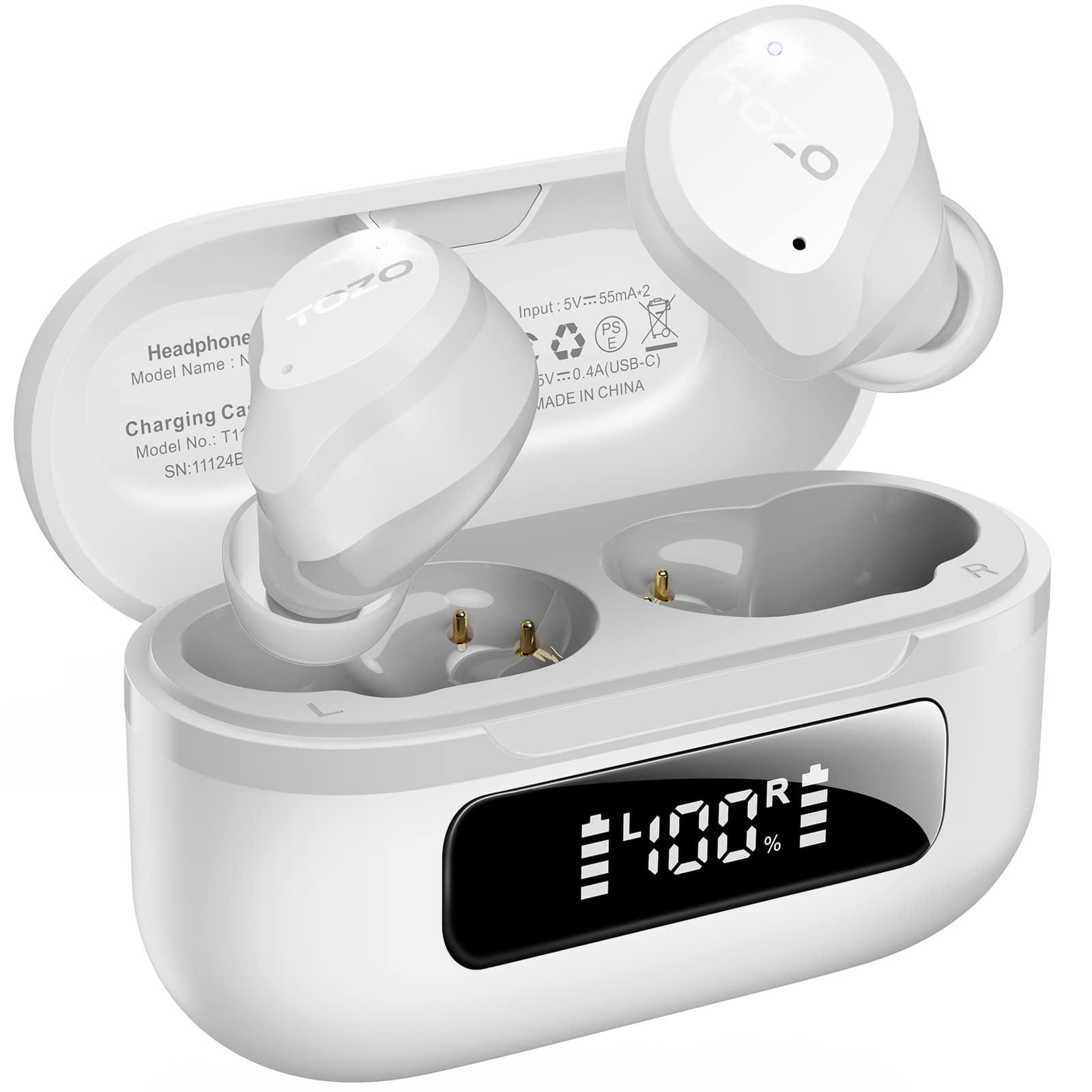 TOZO - Hybrid ANC Earbuds Wireless - OrigX Acoustic 2.0 & Bass+ Boosts, 59H, 6 Mics ENC Crystal-Clear Call, IPX8, APP-32EQs - White