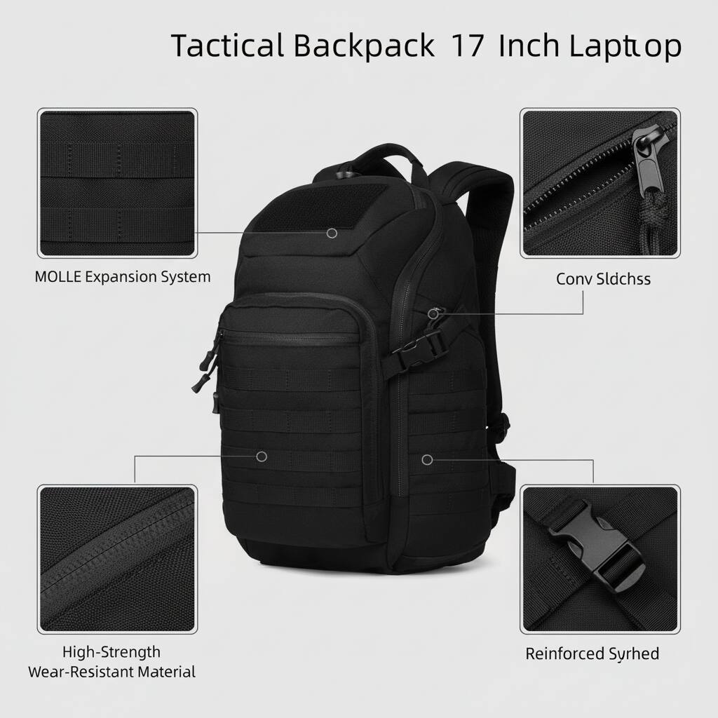 Tactical Backpack 17 Inch Laptop  
- MOLLE Expansion System  
- Conv Slidchss  
- High-Strength Wear-Resistant Material  
- Reinforced Syrhed