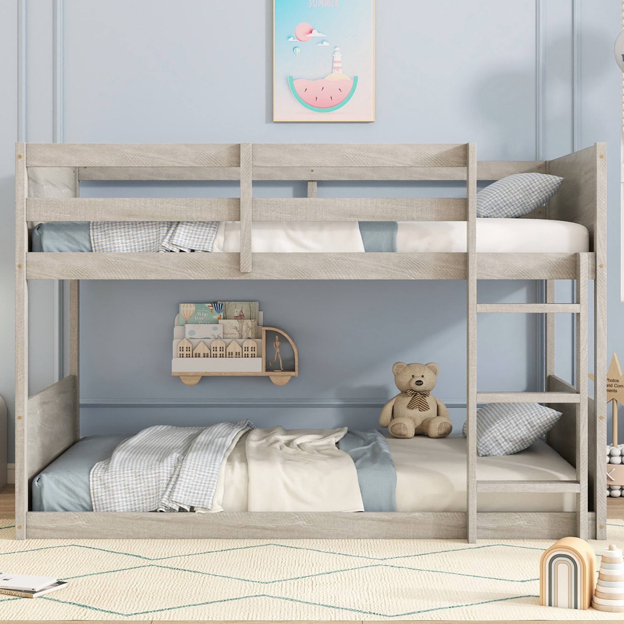 Alt View 5. GOODSILO - Solid Wood Twin Over Twin Floor Bunk Bed with Panelled Headboard and Footboard, Built-in Ladder and Safety Guardrails - Antique White.