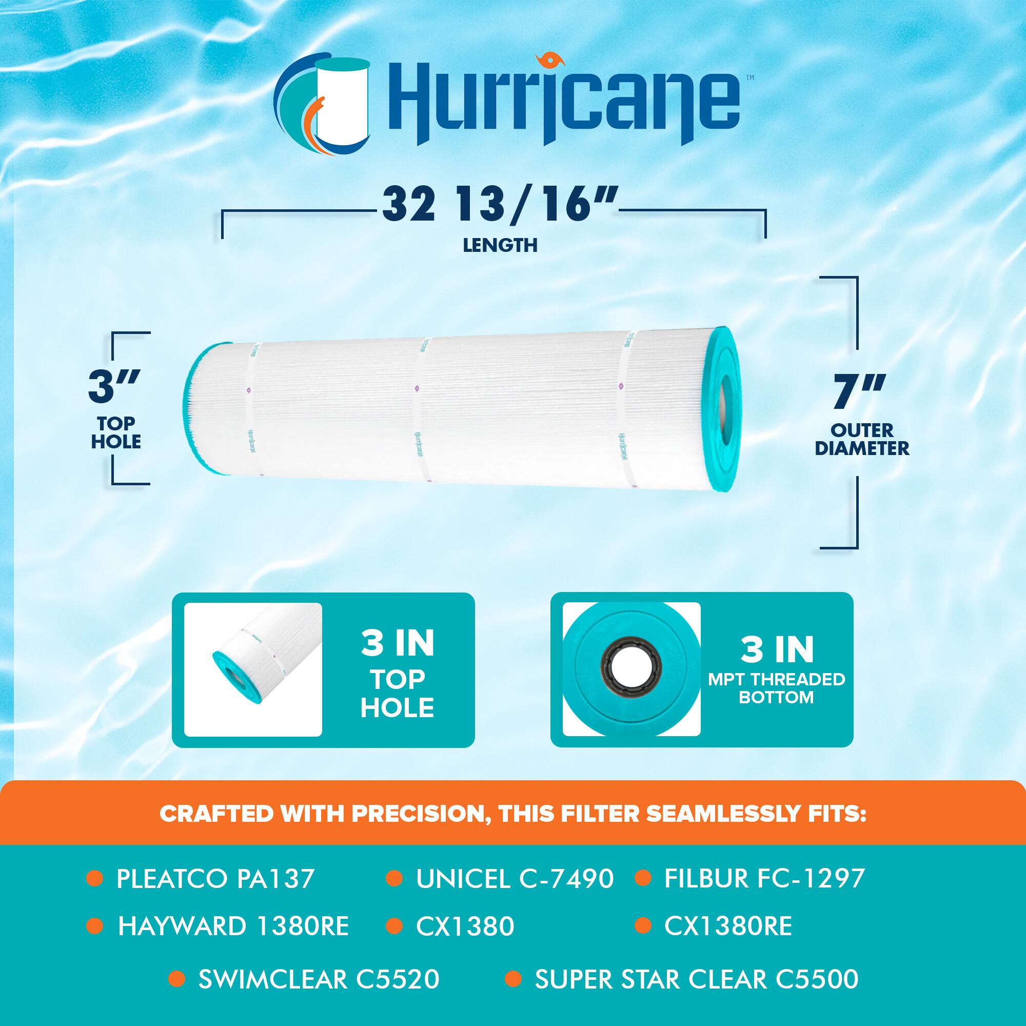 Hurricane  
32 13/16" LENGTH  
3" TOP HOLE  
7" OUTER DIAMETER  
3 IN TOP HOLE  
3 IN MPT THREADED BOTTOM  

CRAFTED WITH PRECISION, THIS FILTER SEAMLESSLY FITS:  
- PLEATCO PA137  
- HAYWARD 1380RE  
- SWIMCLEAR C5520  
- UNICEL C-7490  
- CX1380  
- FILBUR FC-1297  
- SUPER STAR CLEAR C5500  
- CX1380RE