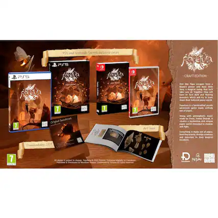 PS5 and Nintendo Switch exclusive cases
Papetura CRAFT EDITION
One day Pape escapes from a flowery prison and finds Ettle Tura, a magical being that he'll take care of. Together they will have to face dark and flaming monsters which will try to burn down their beloved paper world.
Original Soundtrack
Downloadable OST
Art book
All design is subject to change. Papetura © 2024 Pibesh. Published & Distributed by Meridiem Games. Developed by Pibesh. All rights reserved.
Papetura is a handcrafted puzzle adventure game made entirely out of paper. Along with atmospheric music made by Floez, Tomas Dvorak, it creates a mysterious and unique paper world shrouded in shadow and light. Everything is made out of paper, from tiny insects, strange creatures and monsters to truly magical locations. - E10+ (Everyone 10+)