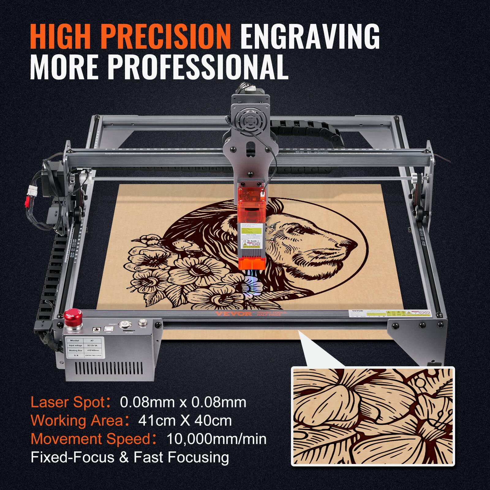 HIGH PRECISION ENGRAVING  
MORE PROFESSIONAL  

Laser Spot: 0.08mm x 0.08mm  
Working Area: 41cm x 40cm  
Movement Speed: 10,000mm/min  
Fixed-Focus & Fast Focusing
