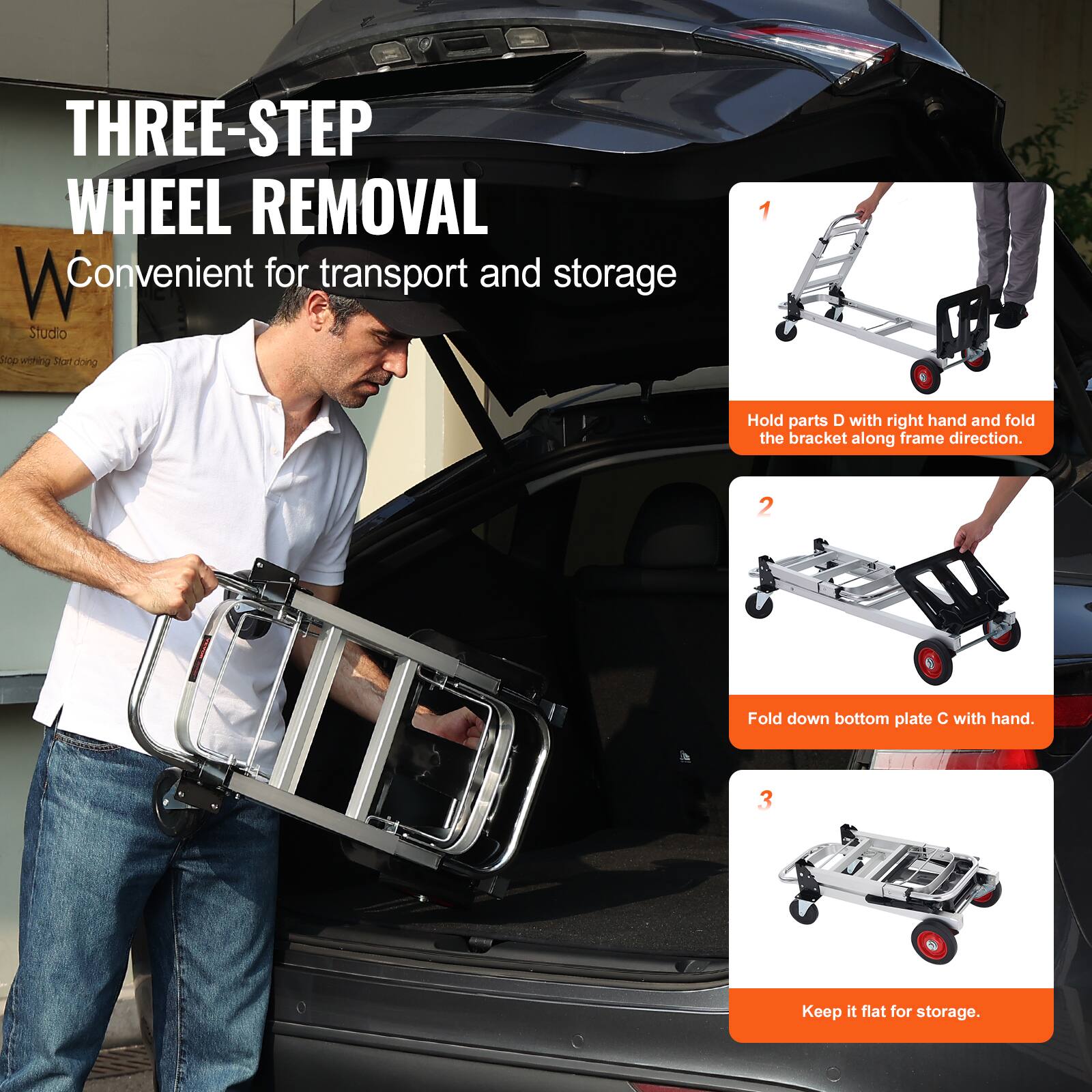 THREE-STEP WHEEL REMOVAL  
Convenient for transport and storage  

1. Hold parts D with right hand and fold the bracket along frame direction.  
2. Fold down bottom plate C with hand.  
3. Keep it flat for storage.