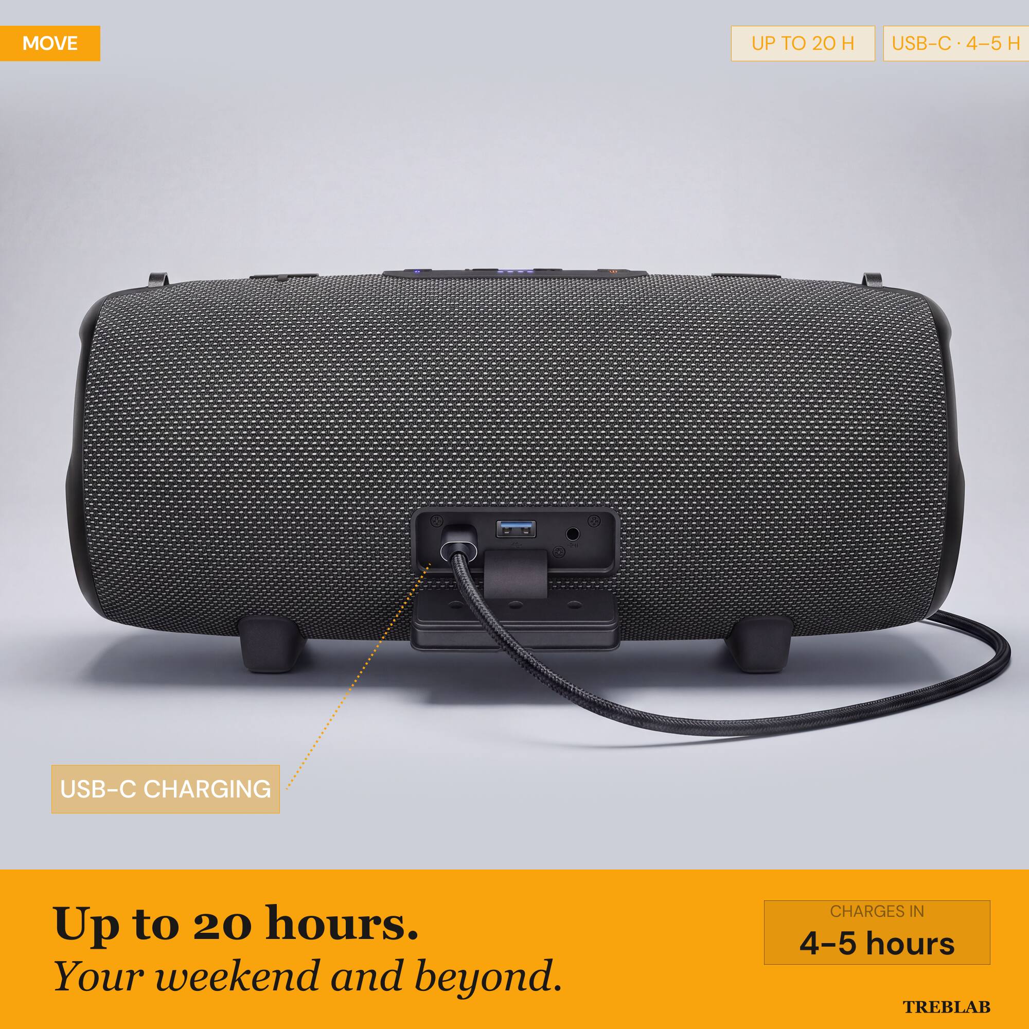 MOVE

UP TO 20 H USB-C 4-5 H

USB-C CHARGING

Up to 20 hours. Your weekend and beyond.

CHARGES IN 4-5 hours

TREBLAB