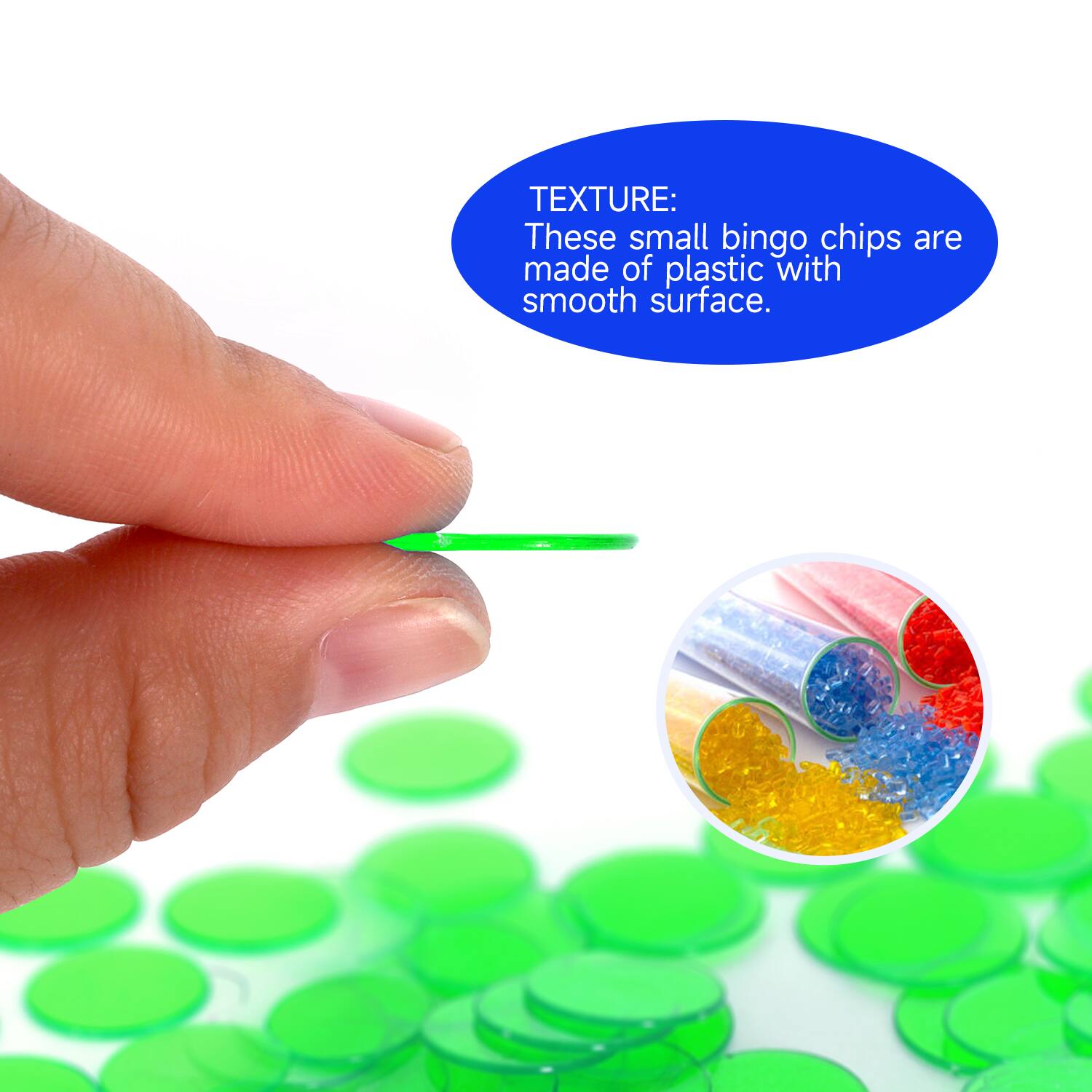 TEXTURE: These small bingo chips are made of plastic with smooth surface.