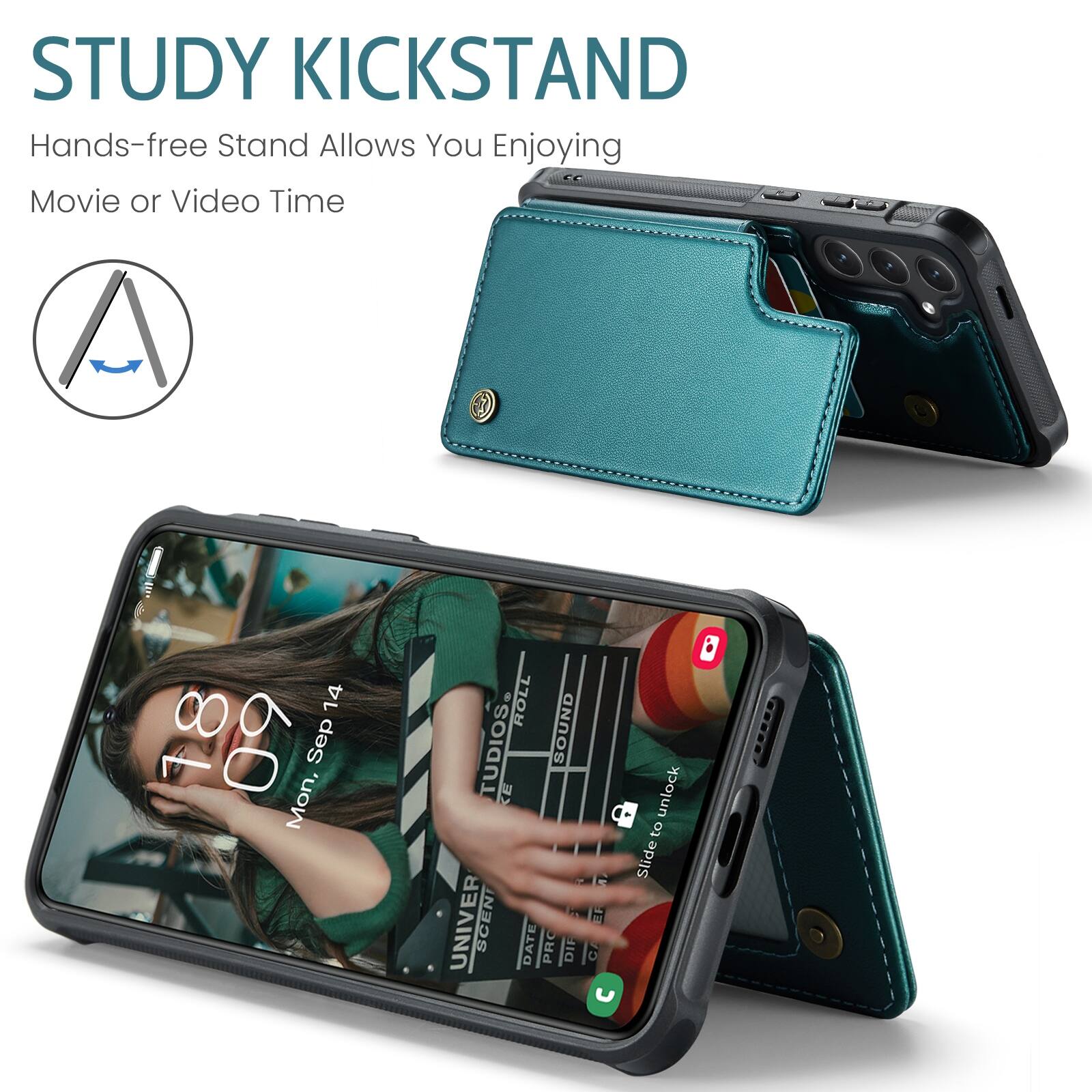 STUDY KICKSTAND  
Hands-free Stand Allows You Enjoying Movie or Video Time  

18:09  
Mon, Sep 14  

UNIVER  
SCENI  
EF  
DATE  
PRC  
DIF  
TUDIOS  
3E  
C  

Slide to unlock