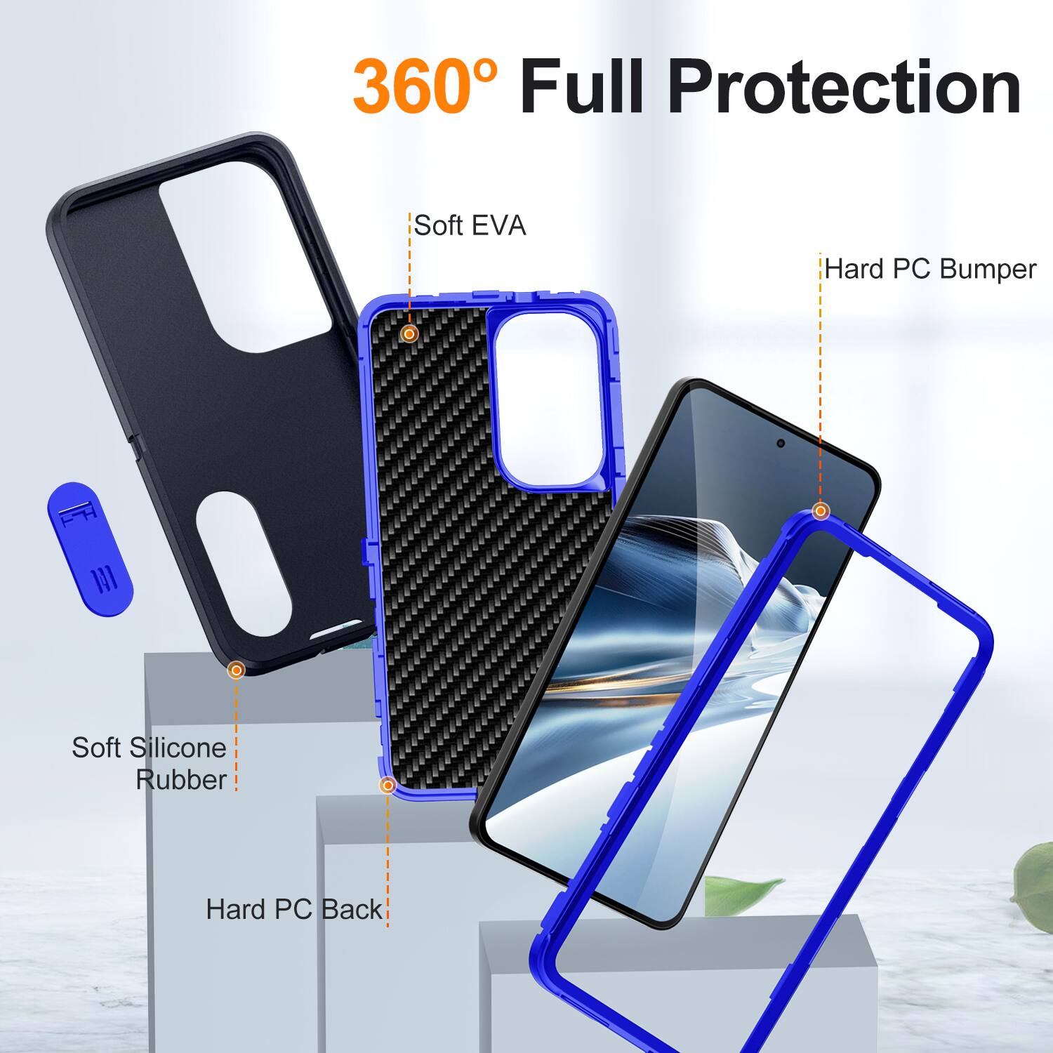 360° Full Protection

- Soft EVA
- Hard PC Bumper
- Soft Silicone Rubber
- Hard PC Back