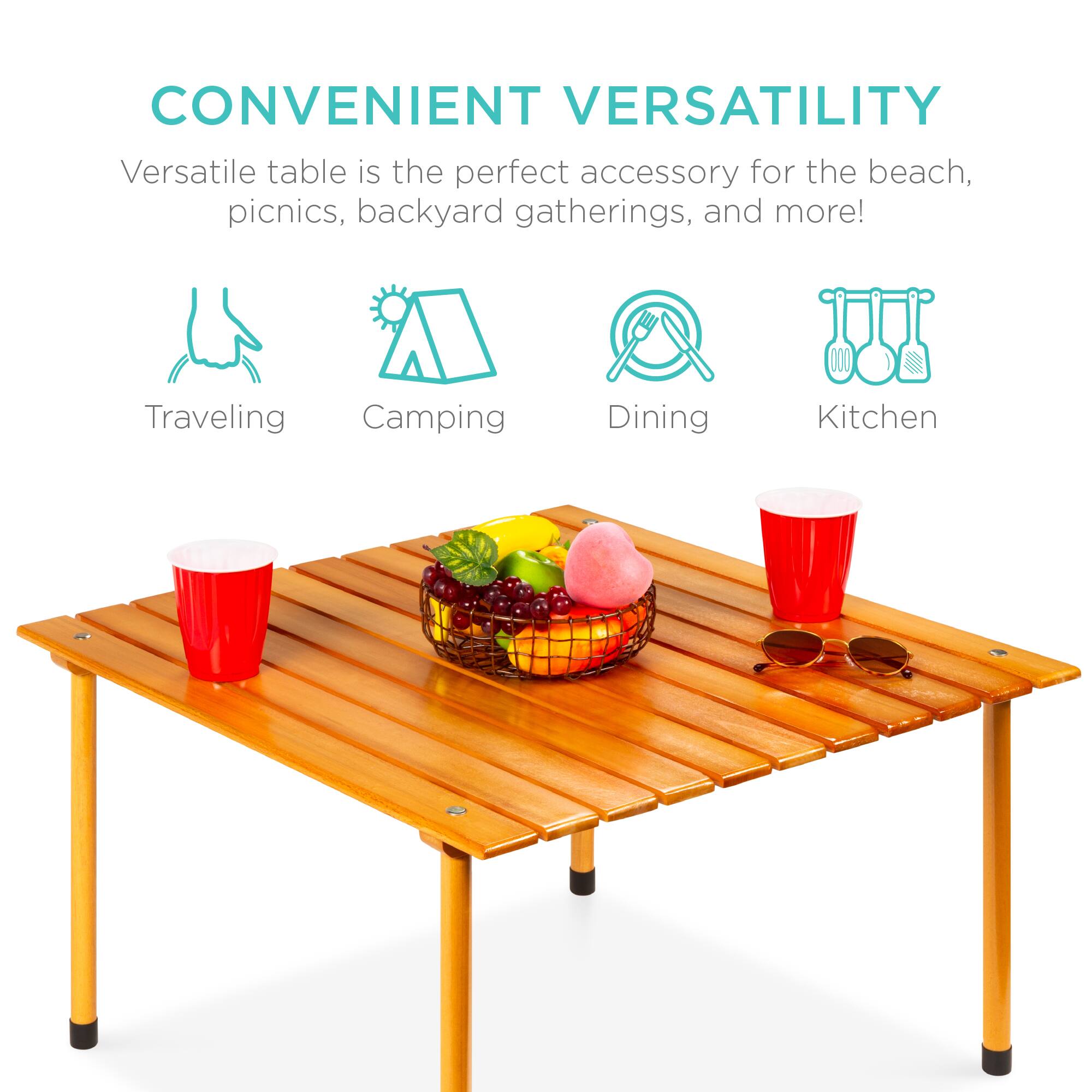 CONVENIENT VERSATILITY

Versatile table is the perfect accessory for the beach, picnics, backyard gatherings, and more!

Traveling Camping Dining Kitchen