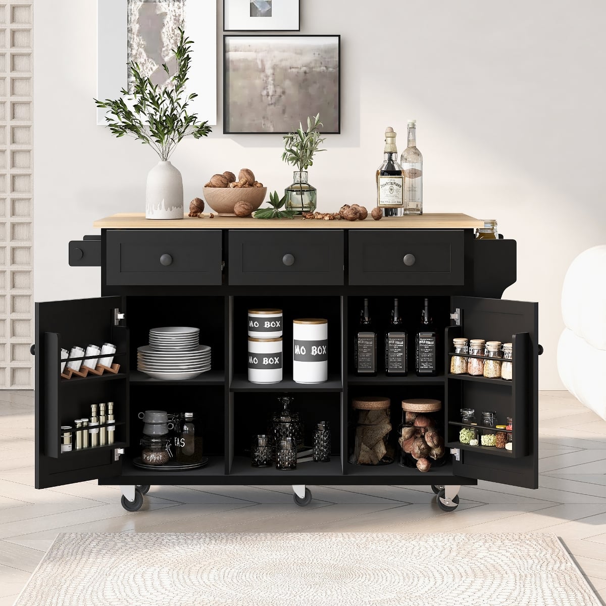 Loheer - Kitchen Island with Drop Leaf and 3 Drawers - Black