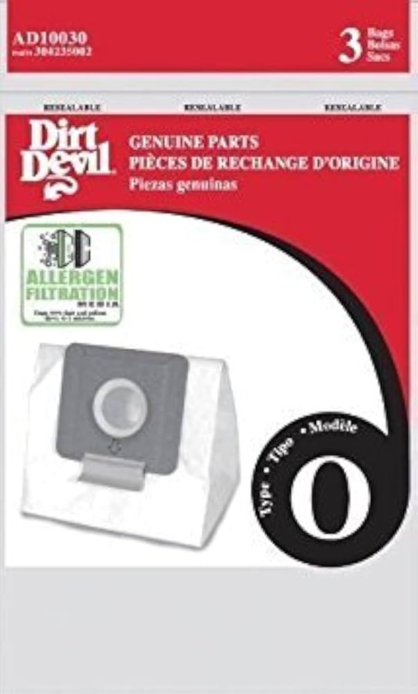 AD10030  
364235092  
3 Bags  

Dirt Devil  
REUSABLE  
REUSABLE  
REUSABLE  

GENUINE PARTS  
PIÈCES DE RECHANGE D'ORIGINE  
Piezas genuinas  

ALLERGEN FILTRATION  

Modèle  
Type 0