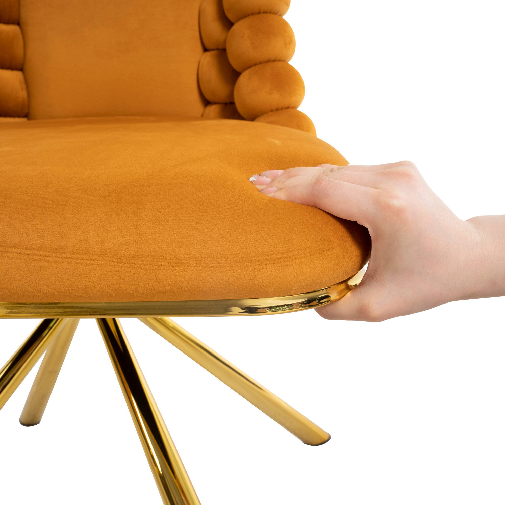 Alt View 4. GOODSILO - Set of 2 Velvet Upholstered Dining Chairs with Gold Metal Legs and 360-Degree Swivel Feature - Orange.