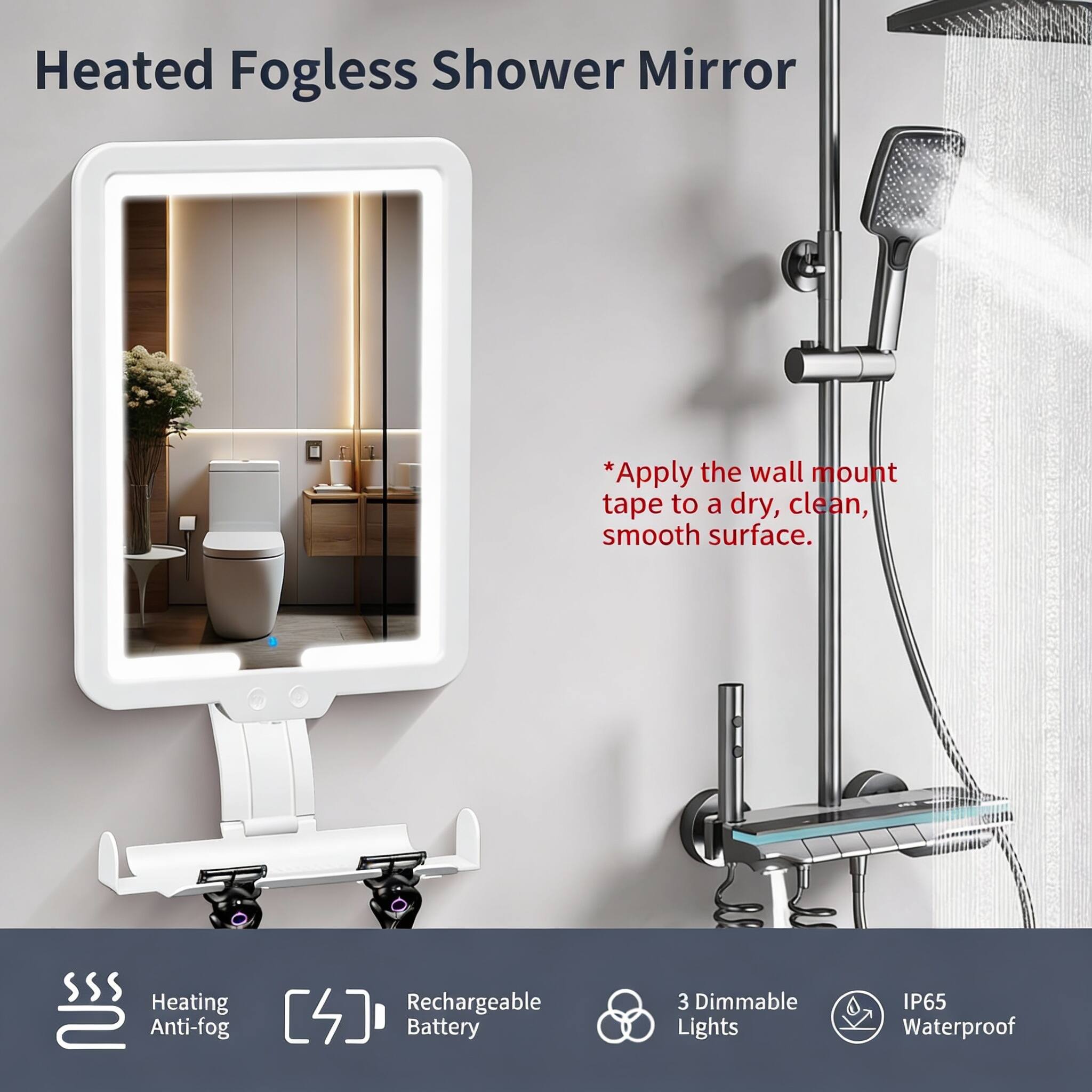 Heated Fogless Shower Mirror

* Apply the wall mount tape to a dry, clean, smooth surface.

- Heating Anti-fog
- Rechargeable Battery
- 3 Dimmable Lights
- IP65 Waterproof