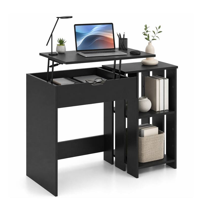 Alt View 3. WELLFOR - 39.5 " Lift Top Computer Desk with Hidden Compartment and Open Storage Shelves, Home Office Desk for Small Spaces - Black.
