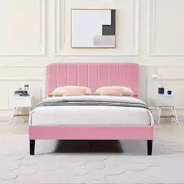 Vecelo - Full Bed Frame w/ Padded Headboard & Platform, Reinforced Wood Slats - No Box Spring, Velvet Dark Blue - Easy Assembly - Pink