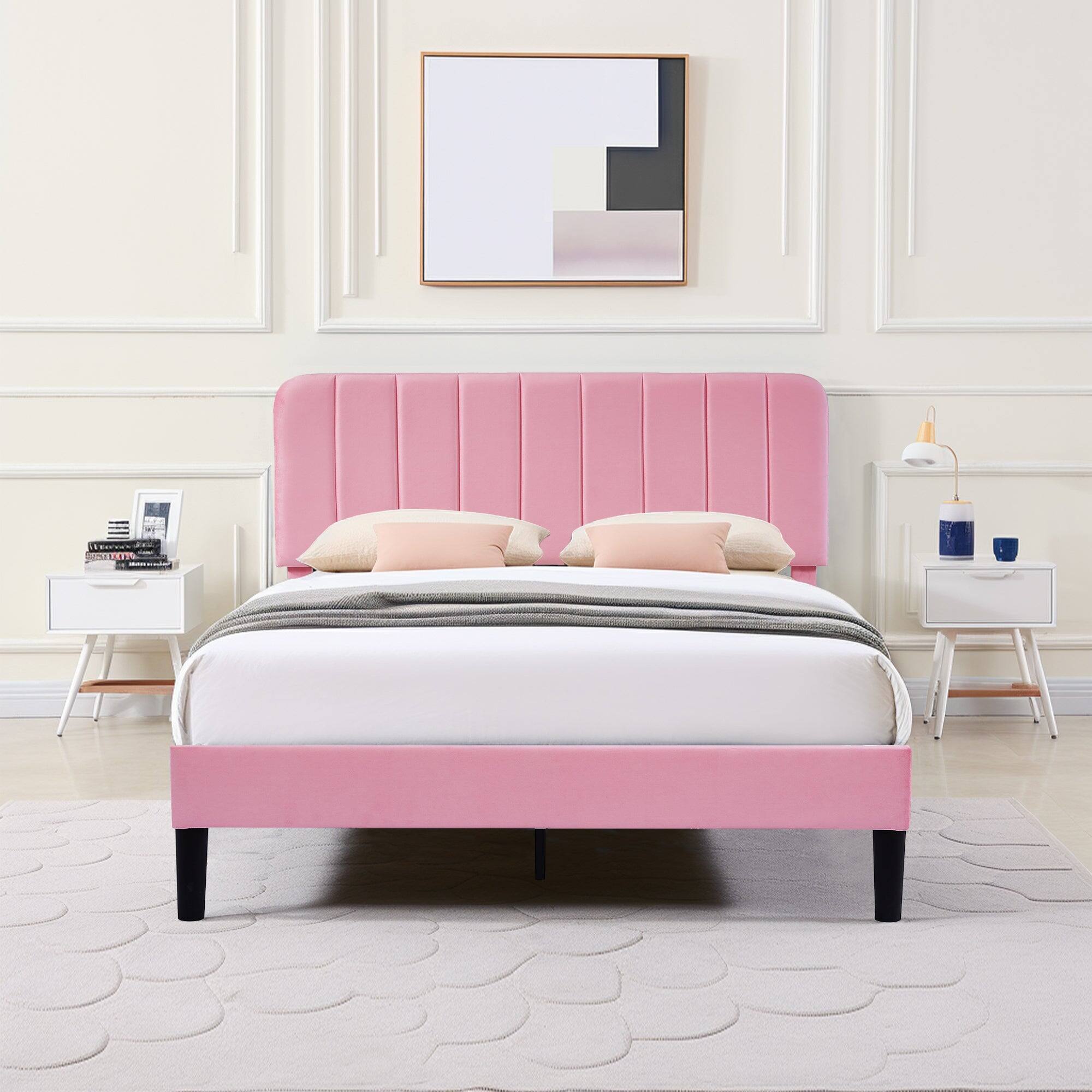 Front. Vecelo - Full Bed Frame w/ Padded Headboard & Platform, Reinforced Wood Slats - No Box Spring, Velvet Dark Blue - Easy Assembly - Pink.