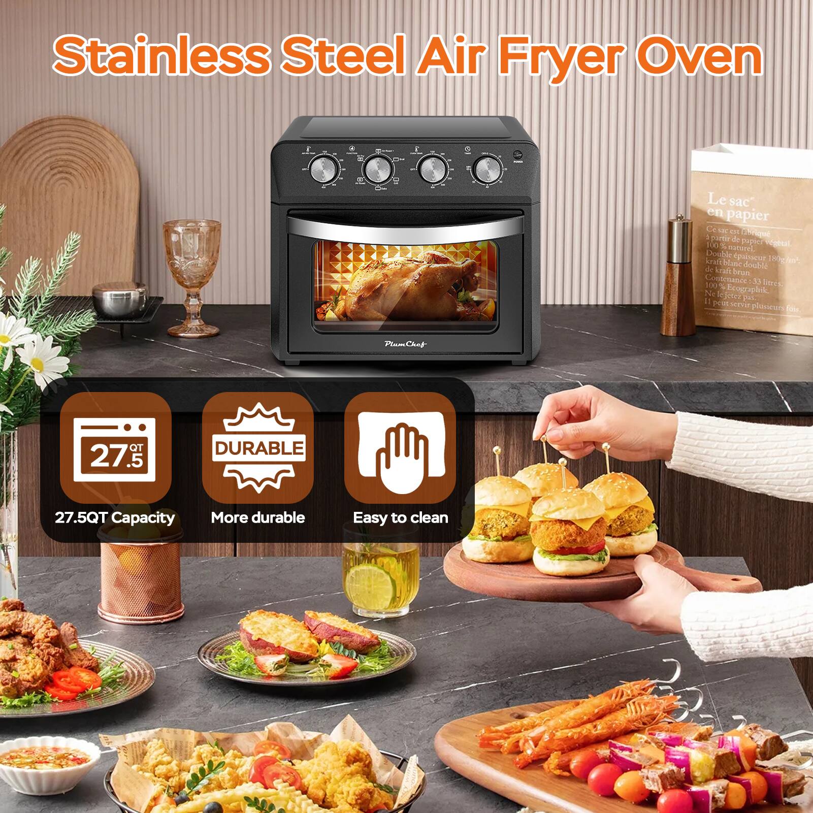 Stainless Steel Air Fryer Oven

- 27.5QT Capacity
- More durable
- Easy to clean

Le sac en papier
- 100% naturel
- Double épaisseur
- Kraft blanc double gaufré
- Contenance 33 bires
- 100% Ecographik
- Lejeter P1
- 11 pouces plusicun
- Plam Chnf
- 27.5QT Capacity
- More durable
- Easy to clean