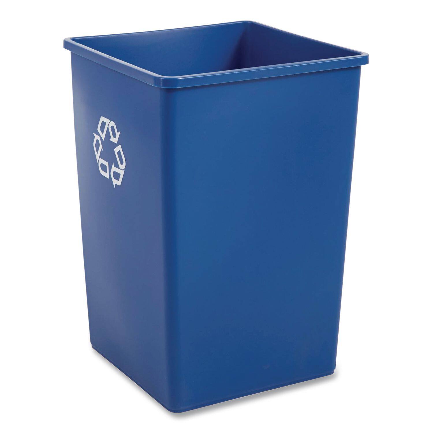 Angle. RubberMaid - Square Recycling Container, 35 gal, Plastic, Blue.