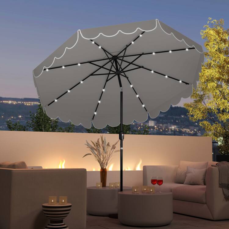 Alt View 1. SlickBlue - 9.3-ft Patio Umbrella with Solar LED Lights, Vented Canopy, and Ruffled Trim - Grey.