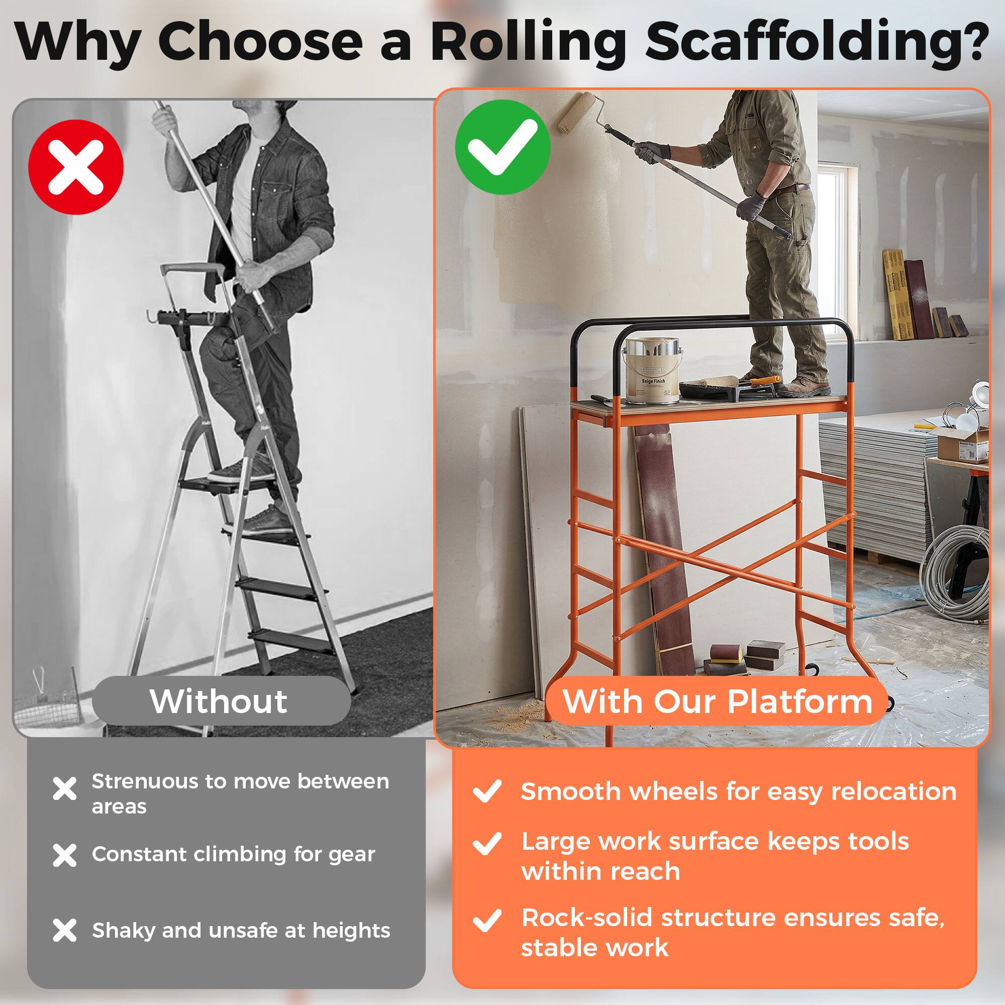 Why Choose a Rolling Scaffolding?

**Without**
- Strenuous to move between areas
- Constant climbing for gear
- Shaky and unsafe at heights

**With Our Platform**
- Smooth wheels for easy relocation
- Large work surface keeps tools within reach
- Rock-solid structure ensures safe, stable work