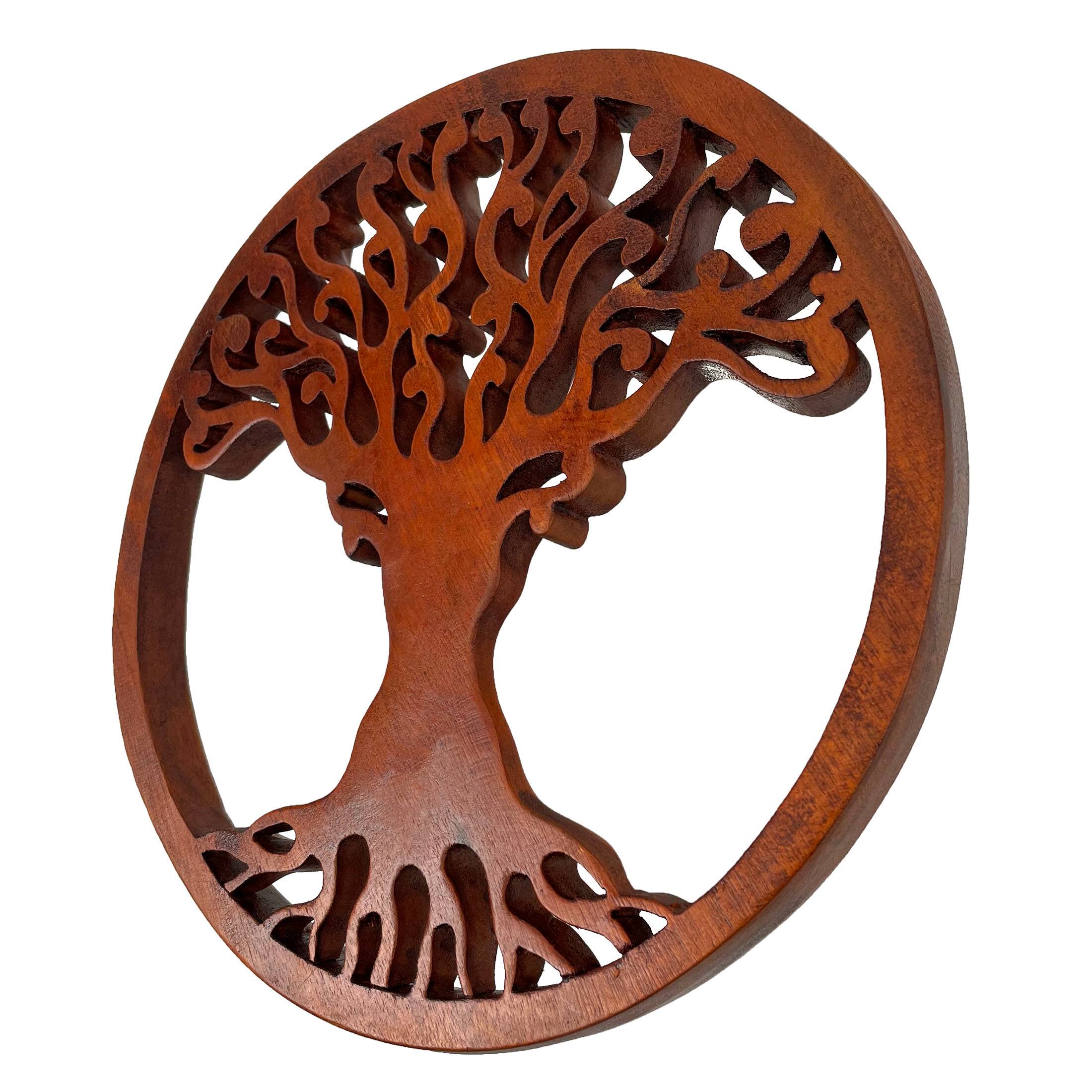 Alt View 3. Zeckos - Hand Carved Mahogany Tree Of Life Wood Wall Plaque - 11.5 Inches in Diameter - Boho Style - Brown.