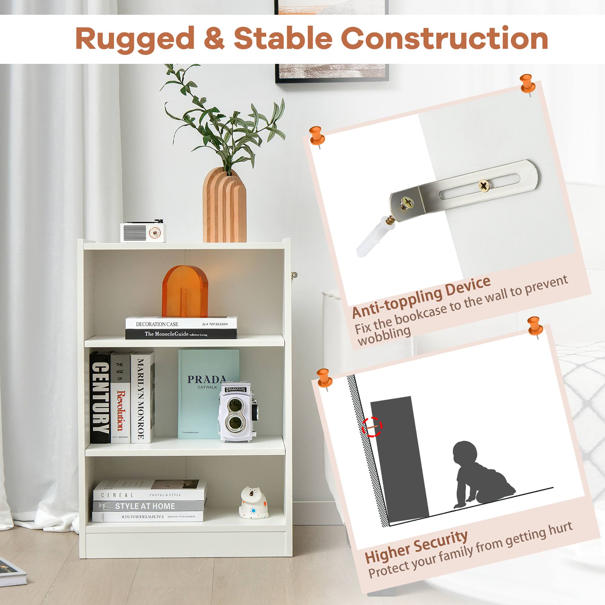 Rugged & Stable Construction Decoration Guide:

* Anti-toppling device wall to prevent the bookcase from wobbling
* Higher security from getting hurt
* Protect your family

The image features a bookcase with a potted plant on top and a rugged and stable construction guide. The guide provides information on how to prevent the bookcase from wobbling and ensures higher security for the family.