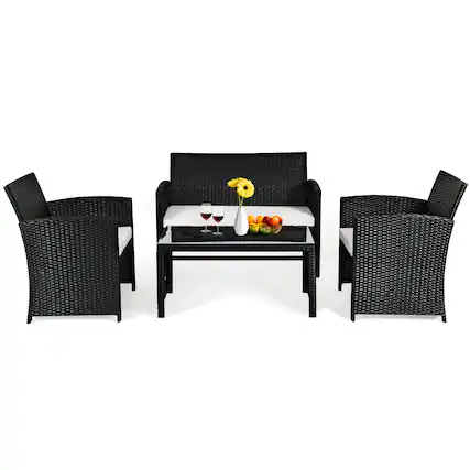 Front. Costway - Costway 4PCS Outdoor Patio Rattan Furniture Conversation Set Cushioned Sofa Coffee Table - Black.