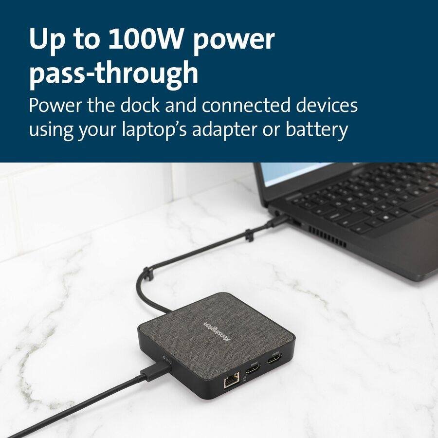Up to 100W power pass-through

Power the dock and connected devices using your laptop's adapter or battery