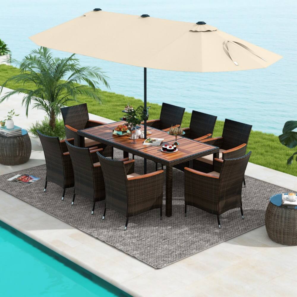 Left. Mondawe - 10 Piece Outdoor Dining Set with 15 Feet Double-Sided Twin Patio Umbrella - Beige.