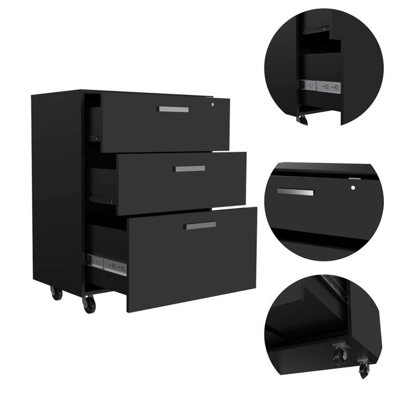 Alt View 1. HTUTWOO - Storage File Cabinet with 3 Drawers - Mobile File Cabinet on 4 Casters, Particle Board Top, Black, 16" x 27.6" x 16" - Black.