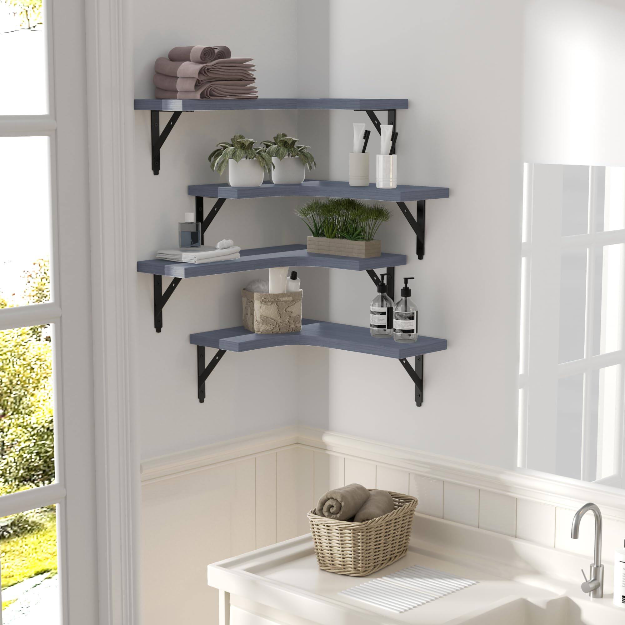 Alt View 2. Dazzed Corner - Corner Floating Shelves Wall Mounted Set of 4 - Grey.