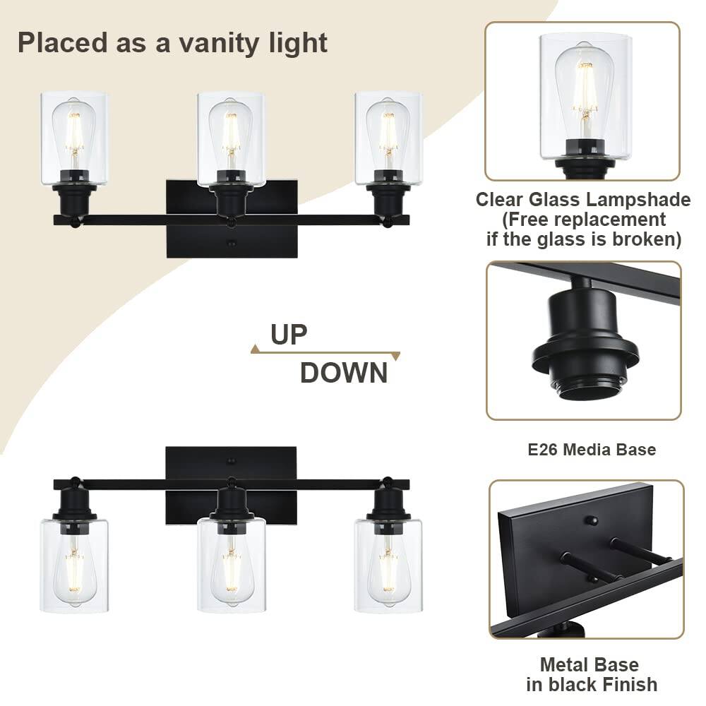 Placed as a vanity light

UP DOWN

Clear Glass Lampshade (Free replacement if the glass is broken)

E26 Media Base

Metal Base in black Finish